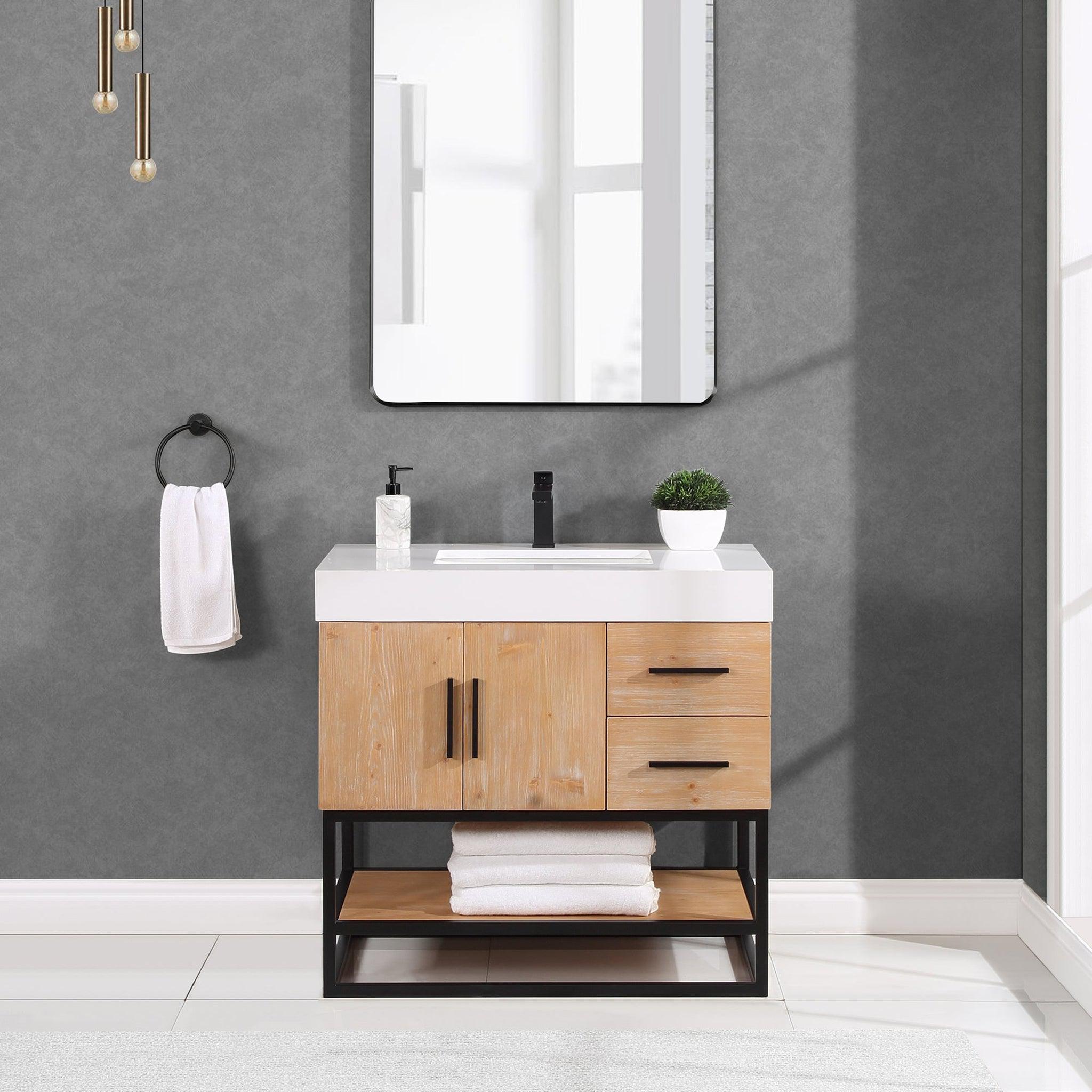 Altair, Altair Bianco 36" Light Brown Freestanding Single Bathroom Vanity Set With Matte Black Support Base, White Composite Stone Top, Single Rectangular Undermount Ceramic Sink, and Overflow