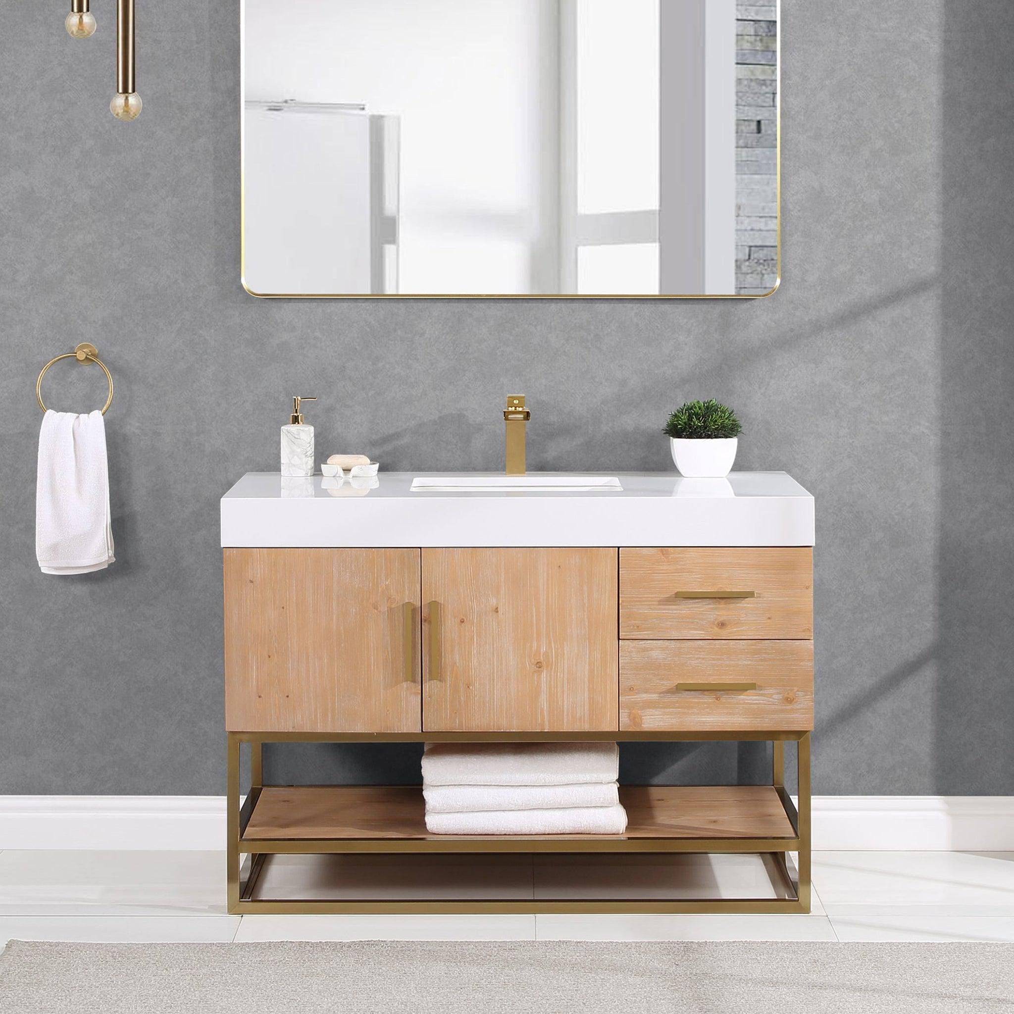 Altair, Altair Bianco 48" Light Brown Freestanding Single Bathroom Vanity Set With Brushed Gold Support Base, White Composite Stone Top, Single Rectangular Undermount Ceramic Sink, and Overflow