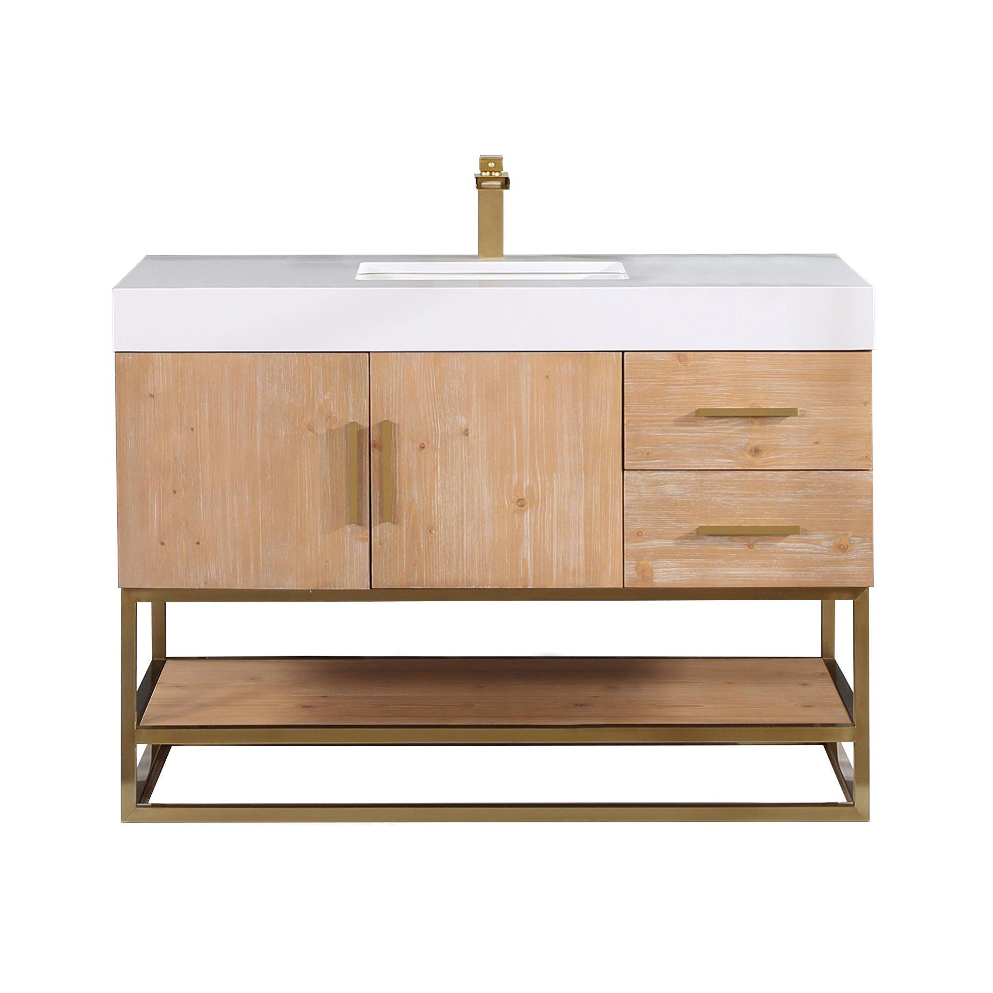 Altair, Altair Bianco 48" Light Brown Freestanding Single Bathroom Vanity Set With Brushed Gold Support Base, White Composite Stone Top, Single Rectangular Undermount Ceramic Sink, and Overflow