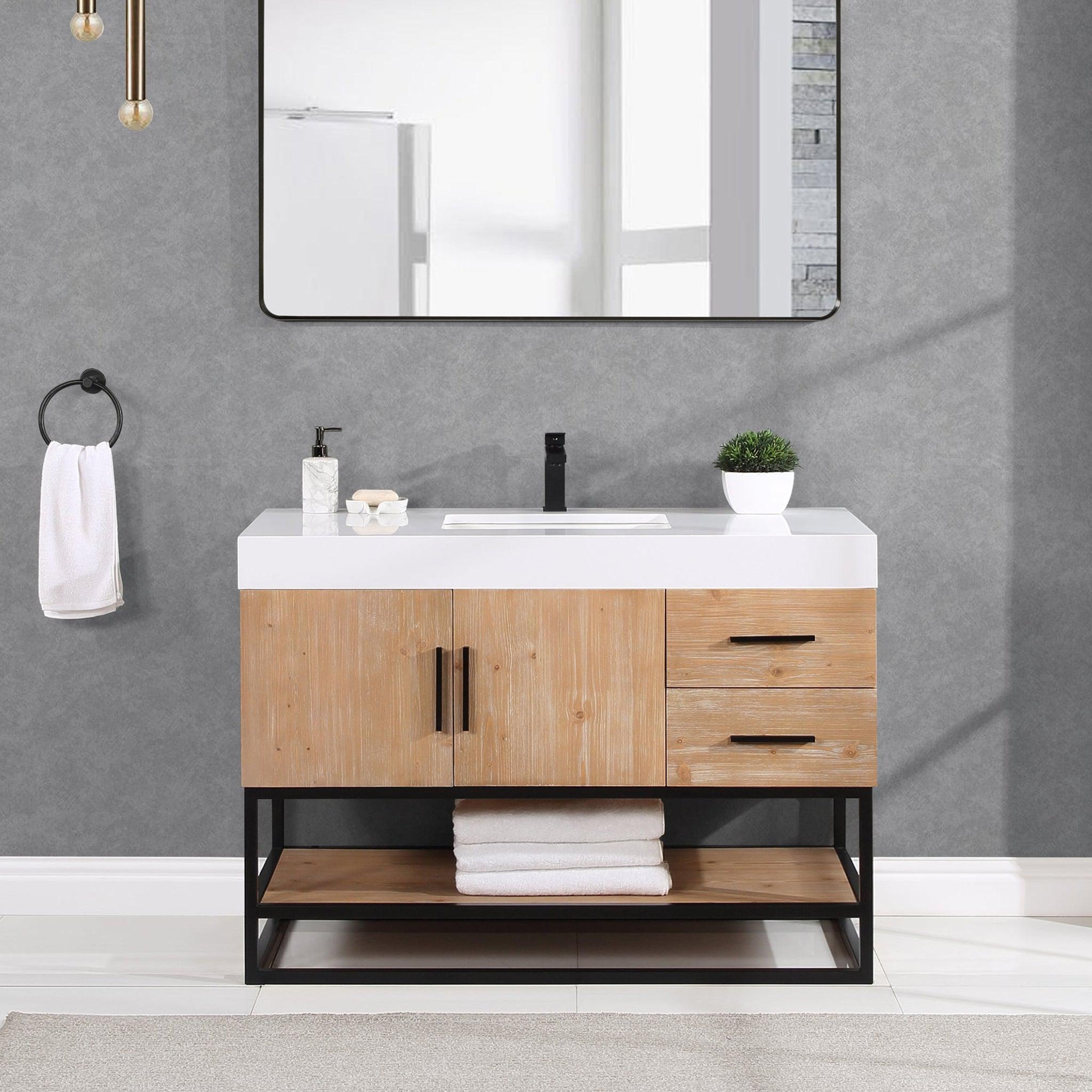 Altair, Altair Bianco 48" Light Brown Freestanding Single Bathroom Vanity Set With Matte Black Support Base, White Composite Stone Top, Single Rectangular Undermount Ceramic Sink, and Overflow