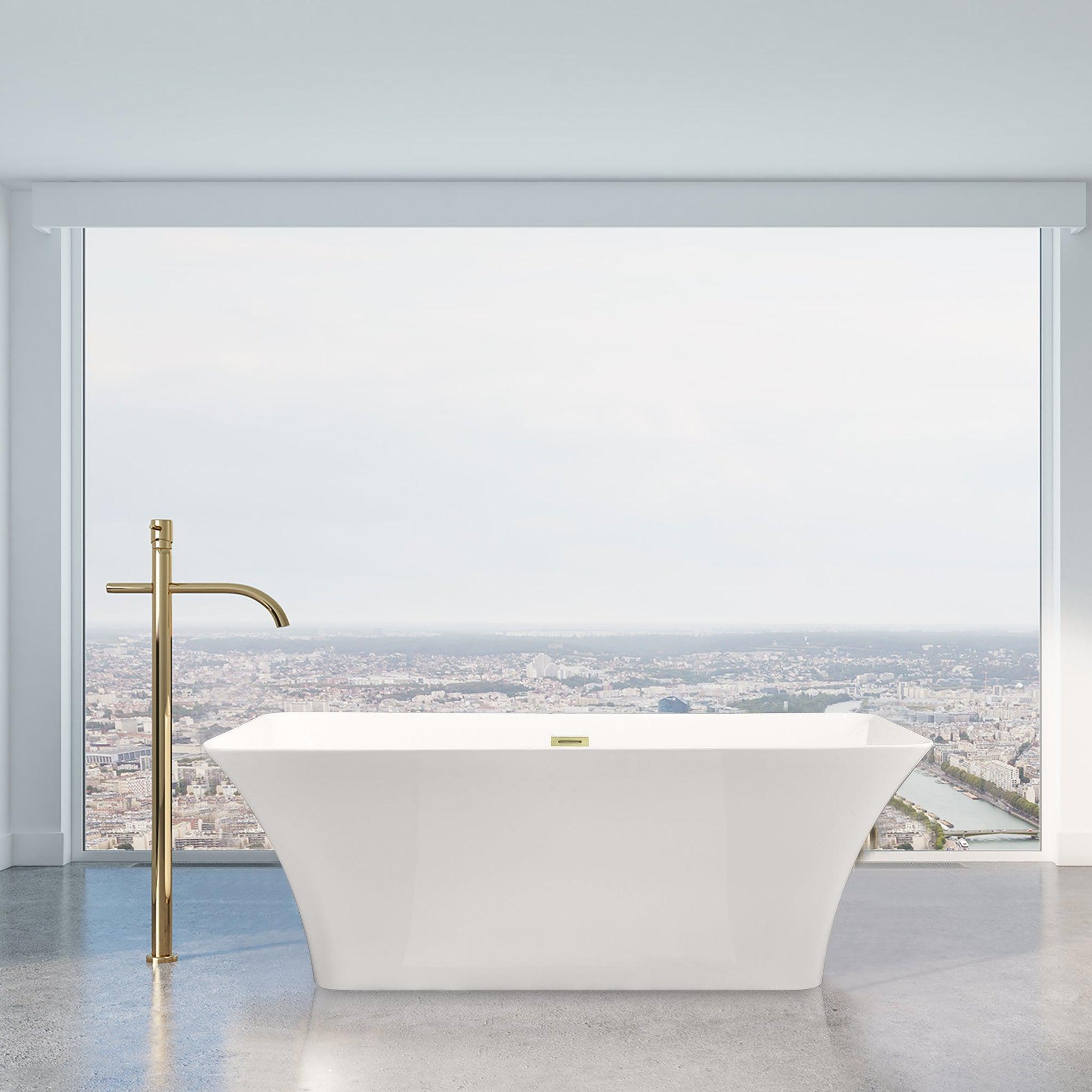 Altair, Altair Carani 65" x 28" White Acrylic Freestanding Bathtub With Brushed Gold Drain and Overflow