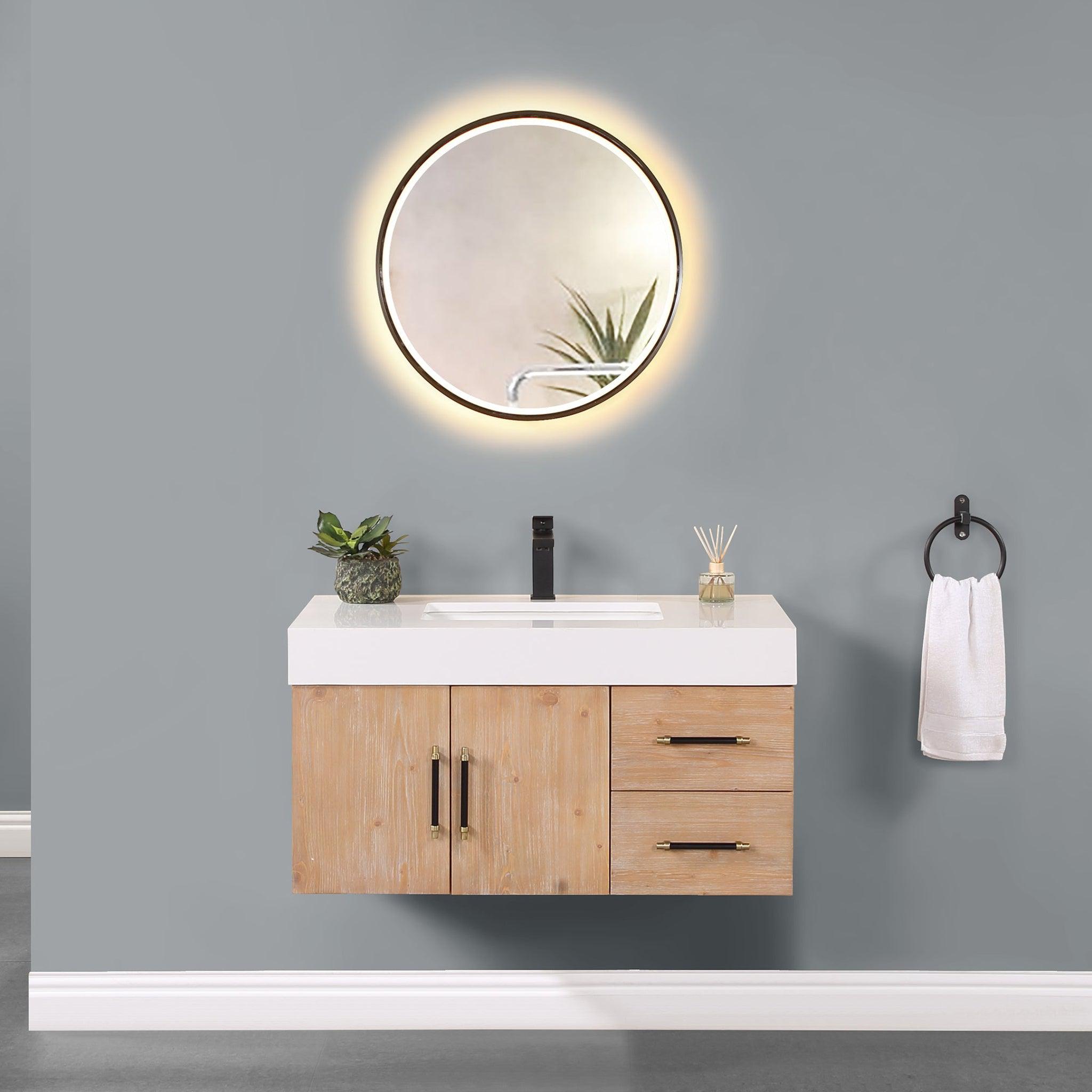 Altair, Altair Corchia 36" Light Brown Wall-Mounted Single Bathroom Vanity Set With Mirror, White Composite Stone Top, Single Rectangular Undermount Ceramic Sink, and Overflow