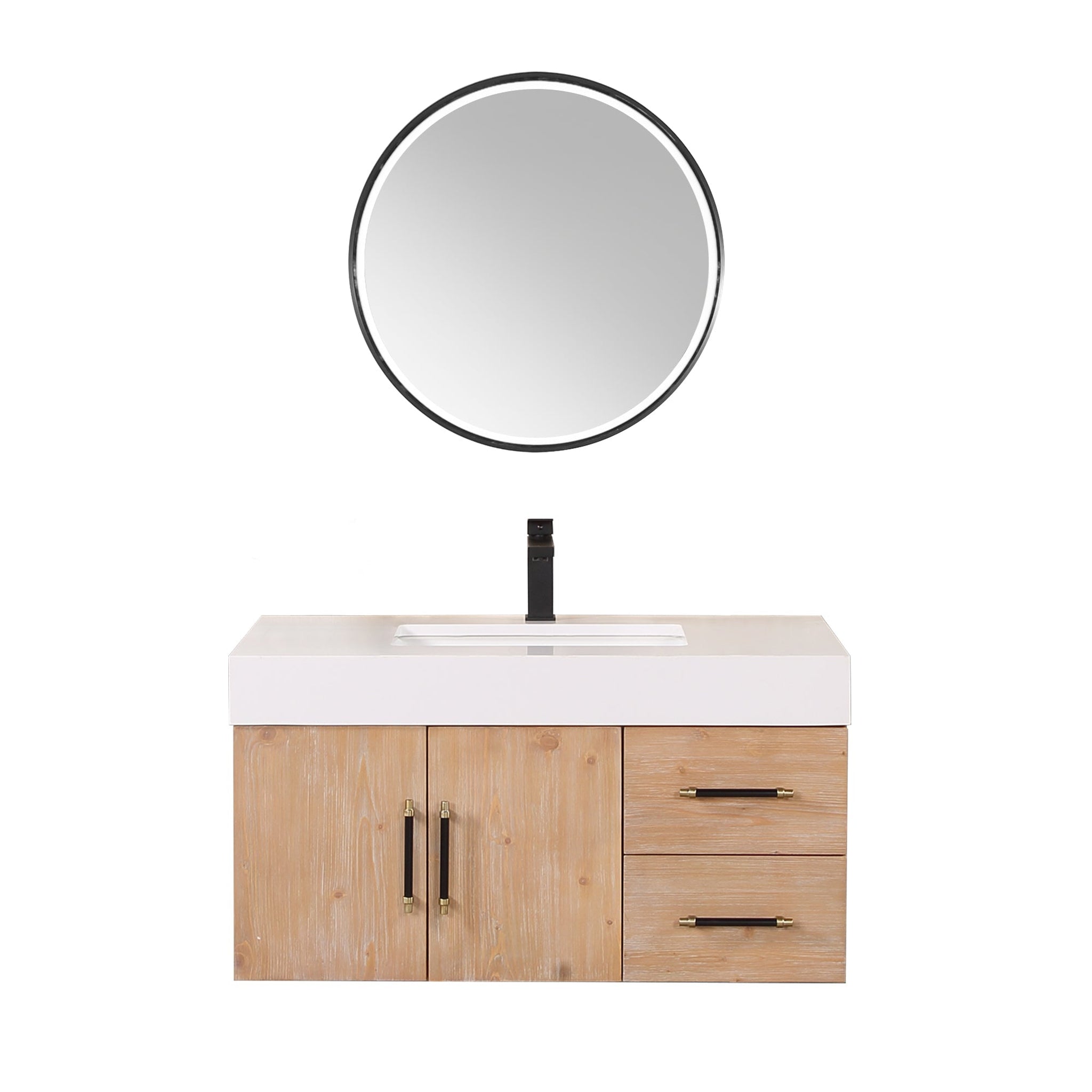 Altair, Altair Corchia 36" Light Brown Wall-Mounted Single Bathroom Vanity Set With Mirror, White Composite Stone Top, Single Rectangular Undermount Ceramic Sink, and Overflow