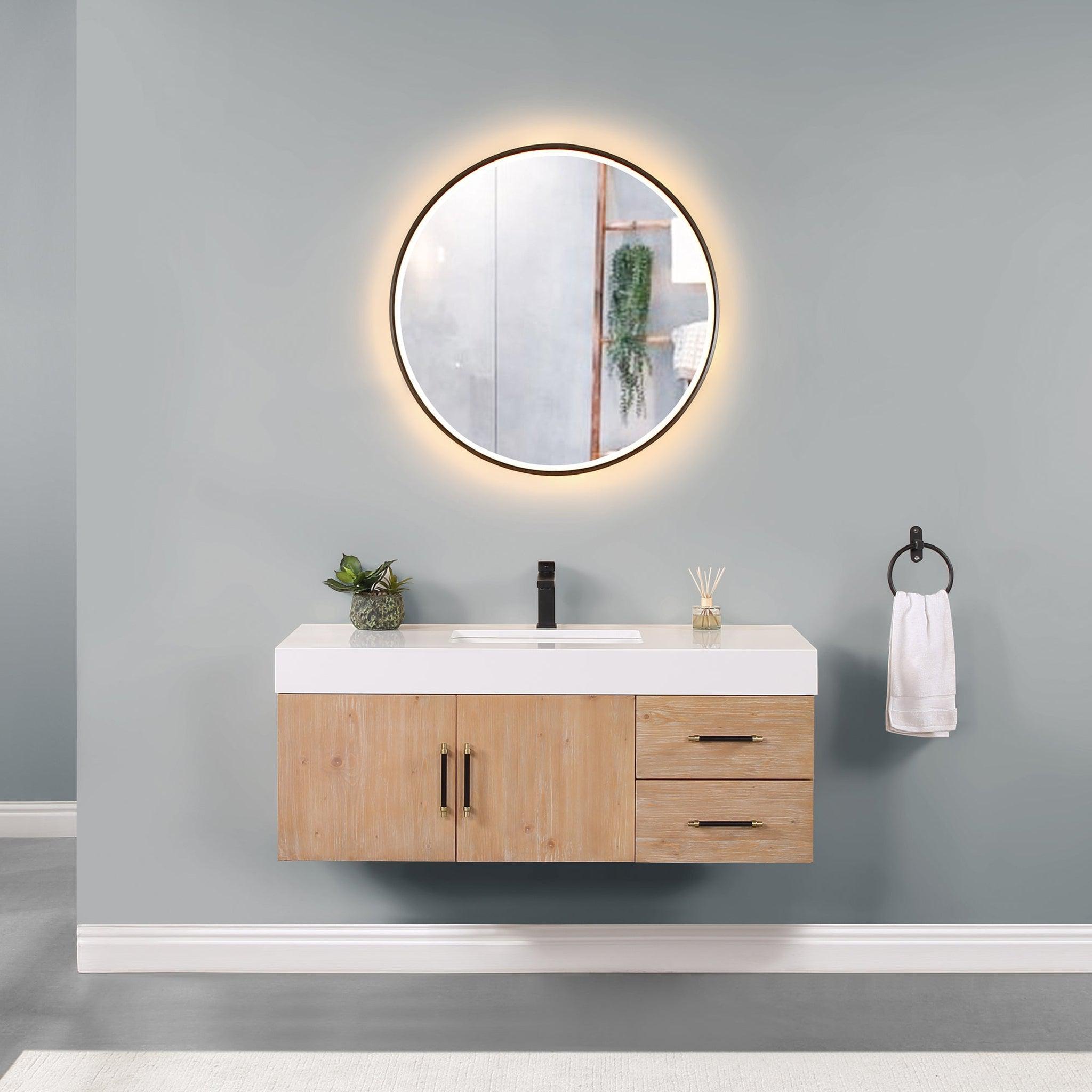 Altair, Altair Corchia 48" Light Brown Wall-Mounted Single Bathroom Vanity Set With Mirror, White Composite Stone Top, Single Rectangular Undermount Ceramic Sink, and Overflow