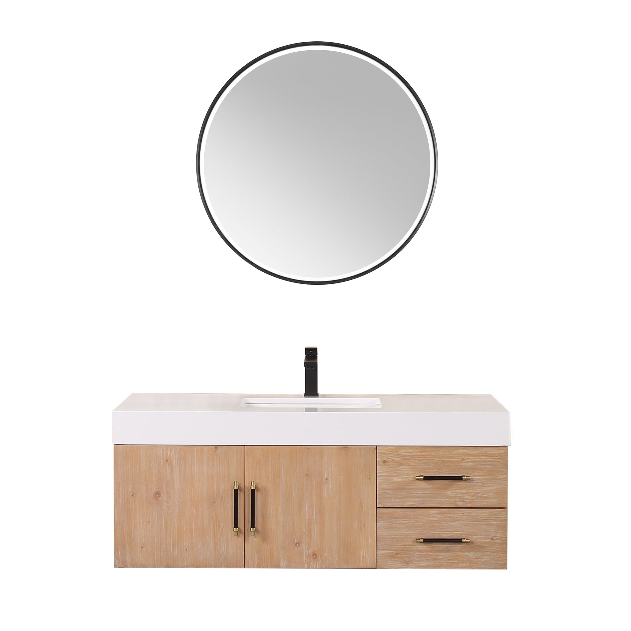 Altair, Altair Corchia 48" Light Brown Wall-Mounted Single Bathroom Vanity Set With Mirror, White Composite Stone Top, Single Rectangular Undermount Ceramic Sink, and Overflow