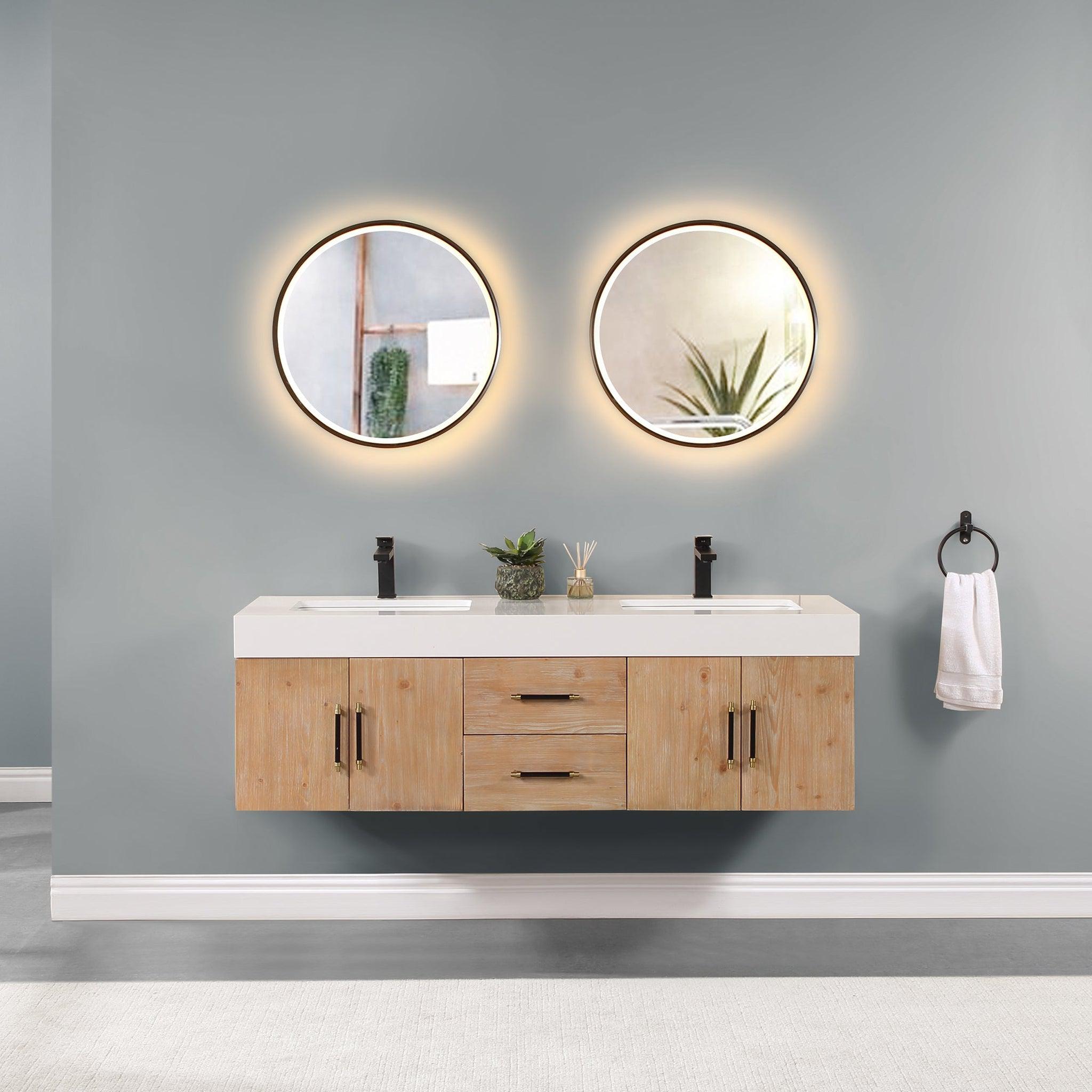 Altair, Altair Corchia 60" Light Brown Wall-Mounted Double Bathroom Vanity Set With Mirror, White Composite Stone Top, Two Rectangular Undermount Ceramic Sinks, and Overflow