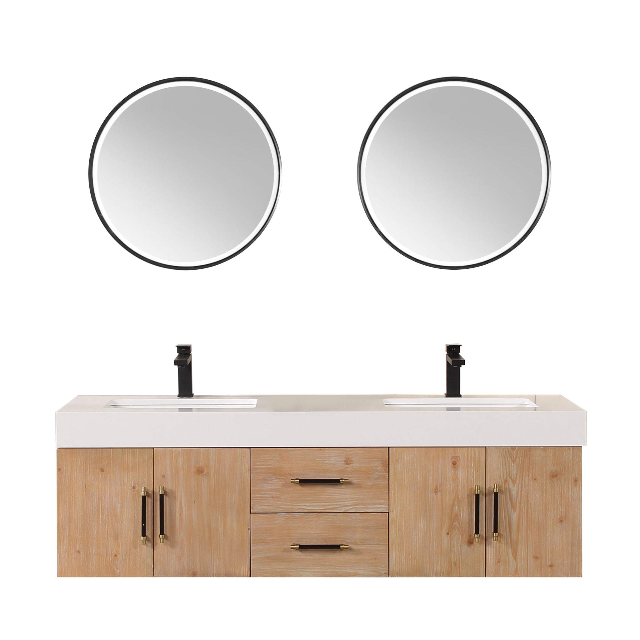 Altair, Altair Corchia 60" Light Brown Wall-Mounted Double Bathroom Vanity Set With Mirror, White Composite Stone Top, Two Rectangular Undermount Ceramic Sinks, and Overflow