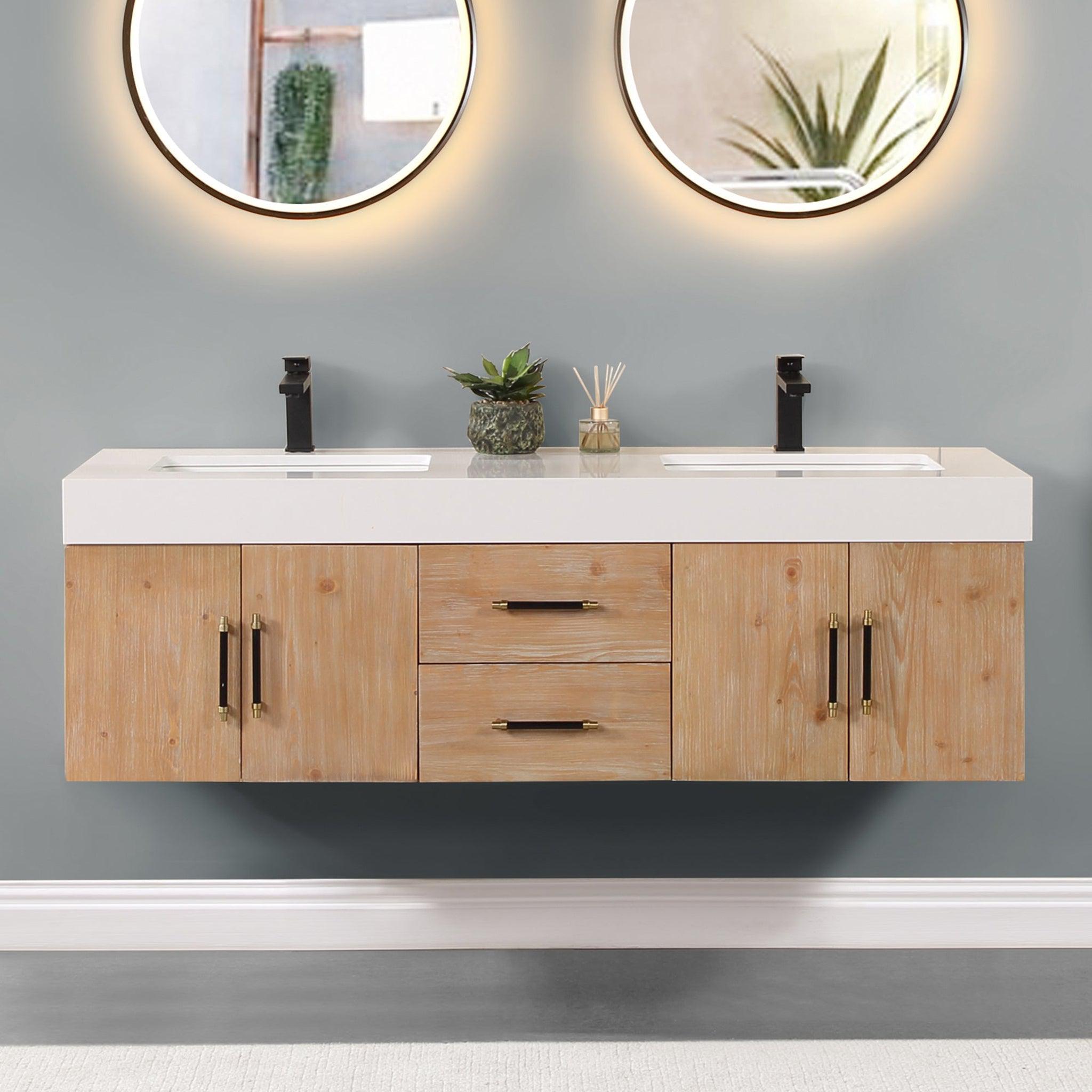 Altair, Altair Corchia 60" Light Brown Wall-Mounted Double Bathroom Vanity Set With White Composite Stone Top, Two Rectangular Undermount Ceramic Sinks, and Overflow