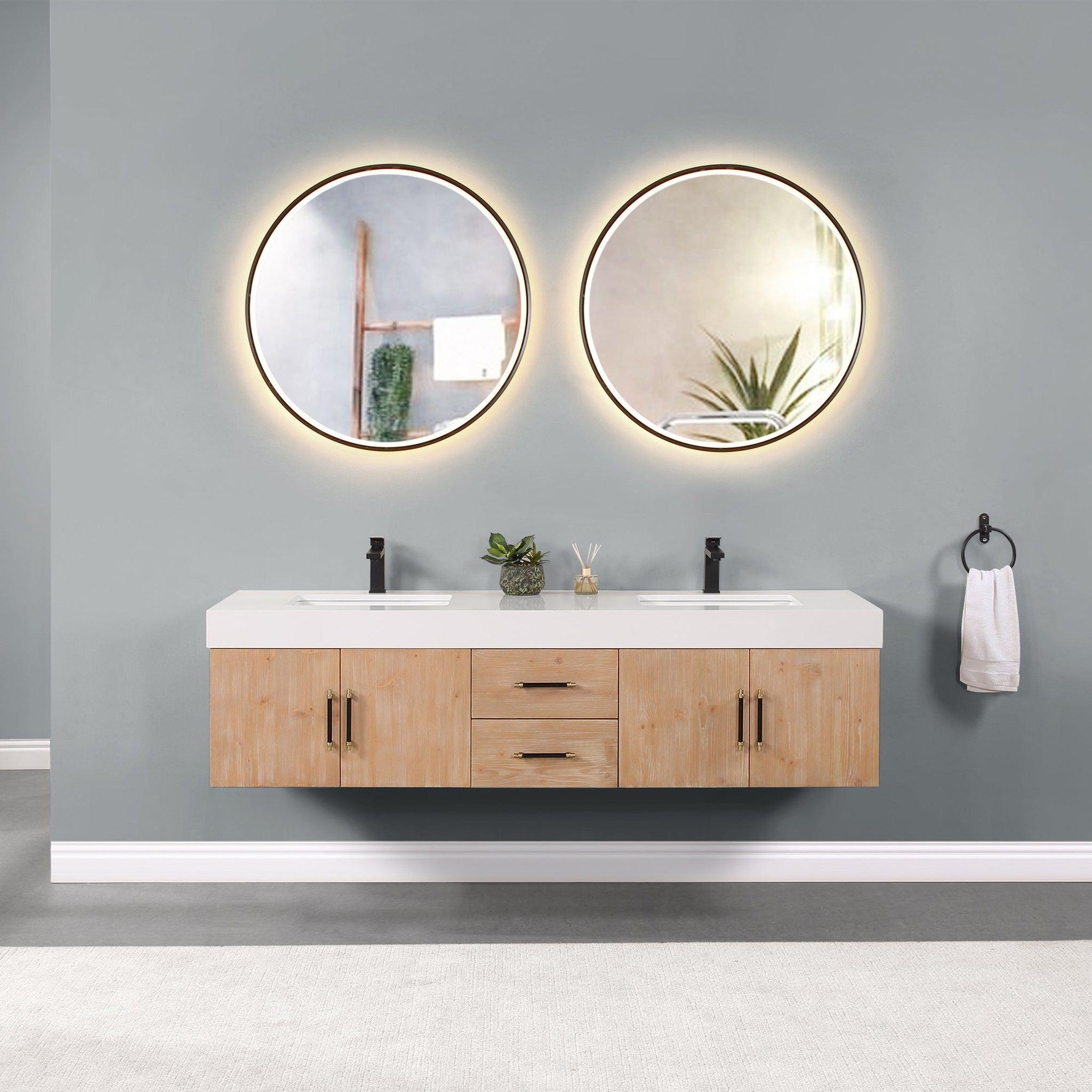 Altair, Altair Corchia 72" Light Brown Wall-Mounted Double Bathroom Vanity Set With Mirror, White Composite Stone Top, Two Rectangular Undermount Ceramic Sinks, and Overflow