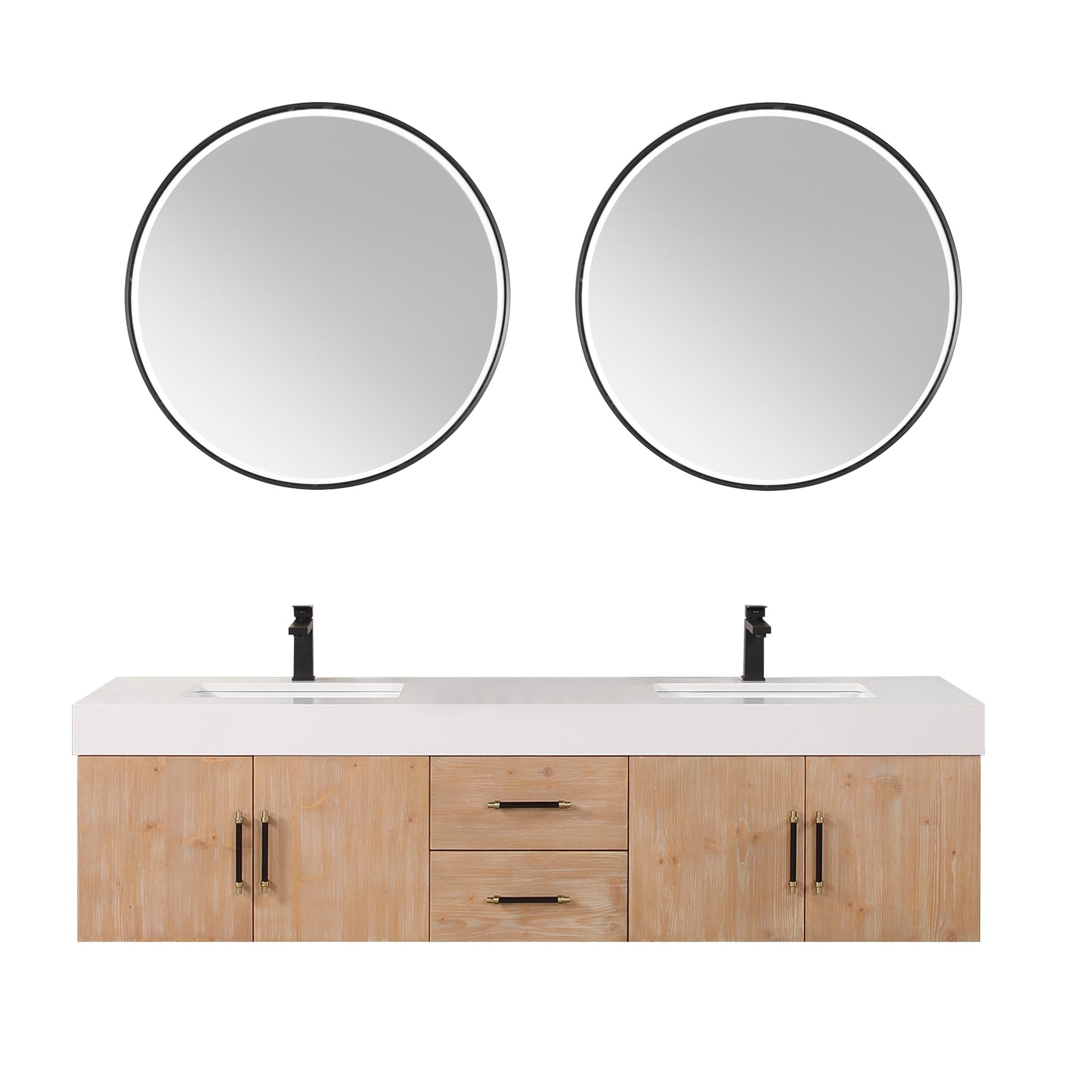 Altair, Altair Corchia 72" Light Brown Wall-Mounted Double Bathroom Vanity Set With Mirror, White Composite Stone Top, Two Rectangular Undermount Ceramic Sinks, and Overflow