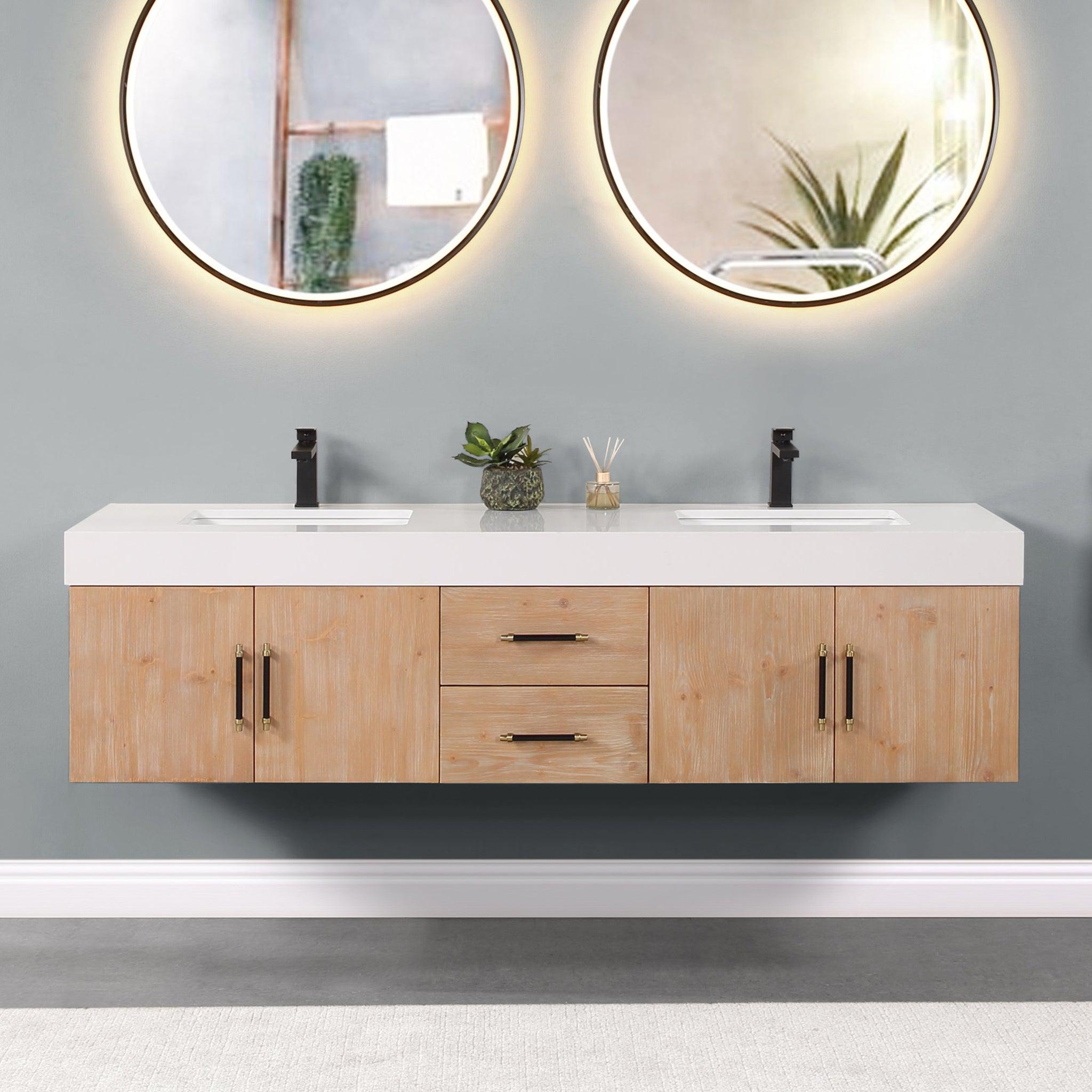 Altair, Altair Corchia 72" Light Brown Wall-Mounted Double Bathroom Vanity Set With White Composite Stone Top, Two Rectangular Undermount Ceramic Sinks, and Overflow