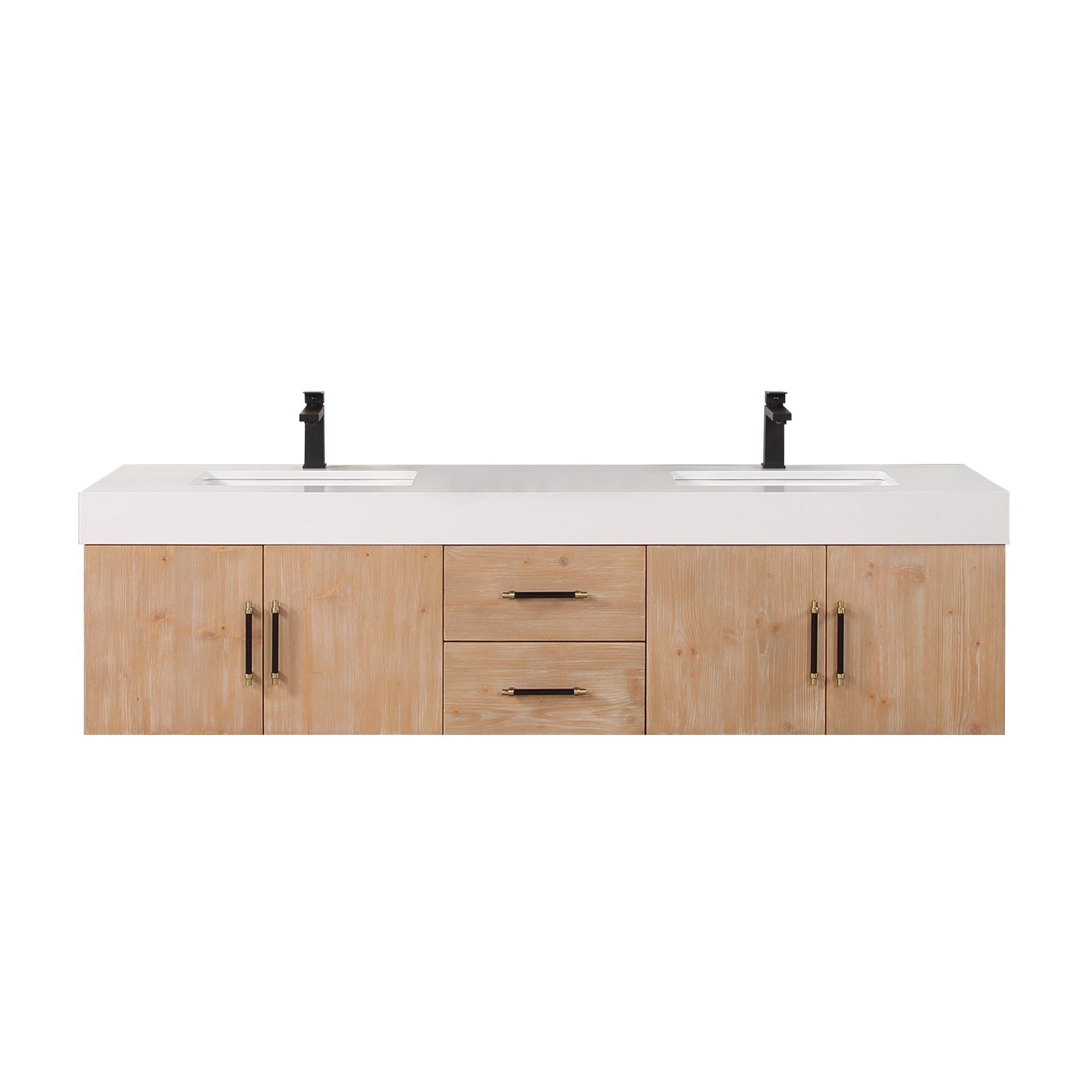 Altair, Altair Corchia 72" Light Brown Wall-Mounted Double Bathroom Vanity Set With White Composite Stone Top, Two Rectangular Undermount Ceramic Sinks, and Overflow