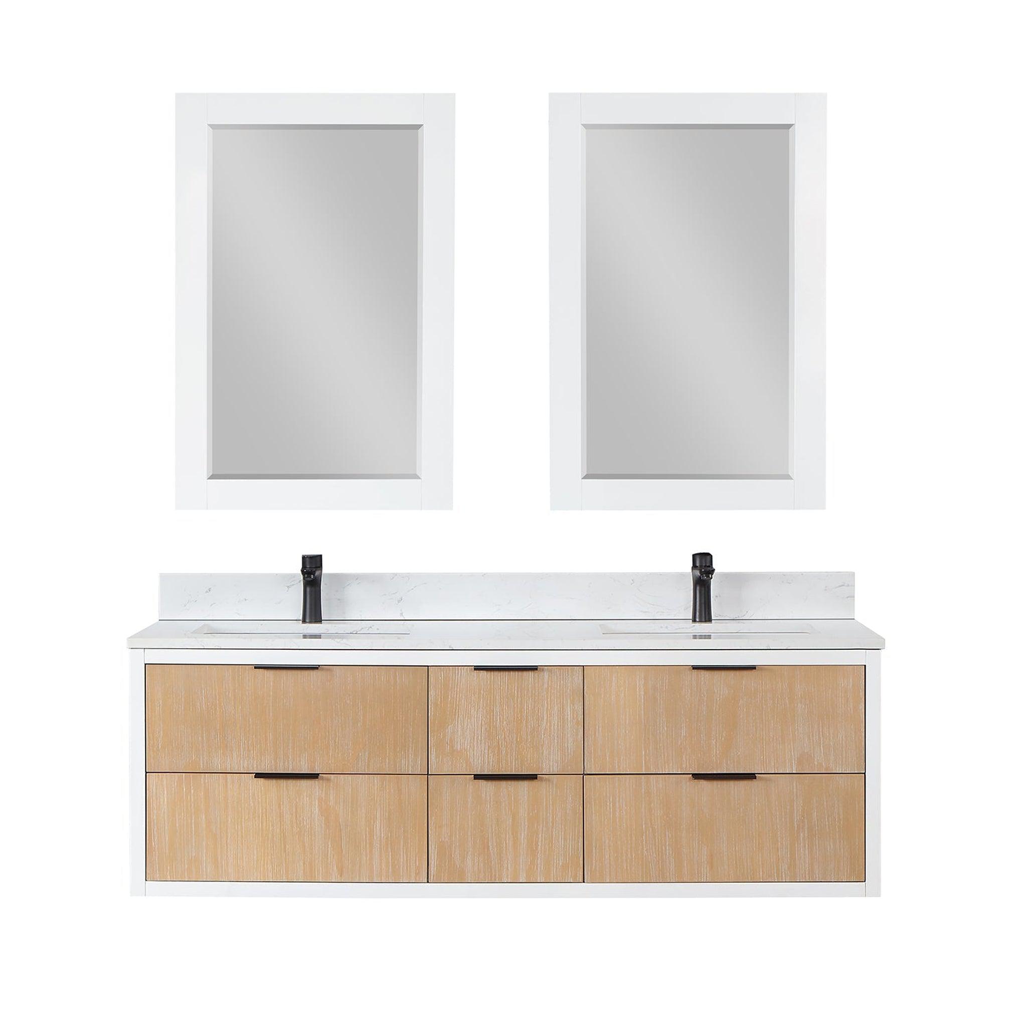 Altair, Altair Dione 60" Double Weathered Pine Wall-Mounted Bathroom Vanity Set With Mirror, Aosta White Composite Stone Top, Double Rectangular Undermount Ceramic Sinks, Overflow, and Backsplash