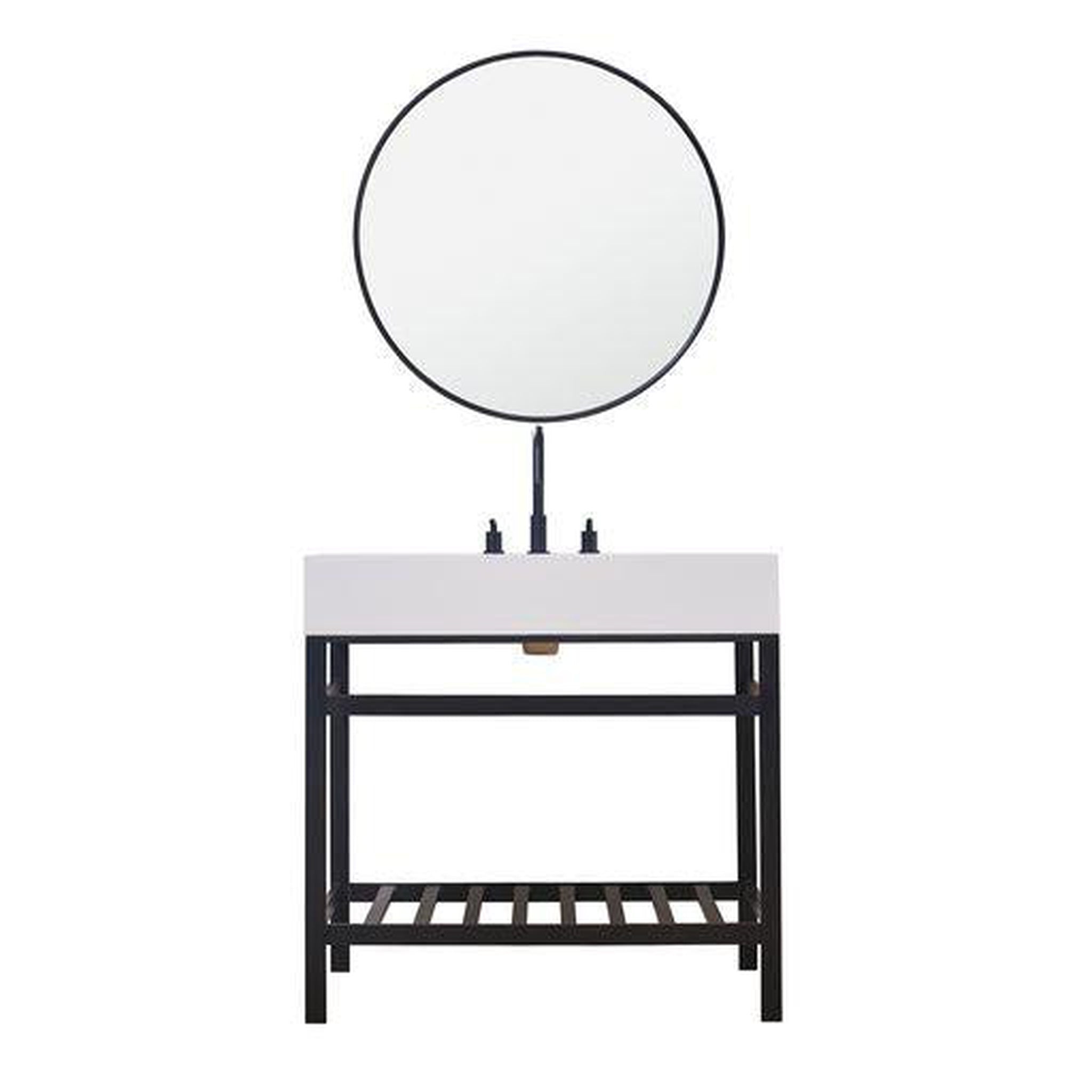 Altair, Altair Edolo 36" Matte Black Single Stainless Steel Bathroom Vanity Set Console With Mirror, Snow White Stone Top, Single Rectangular Undermount Ceramic Sink, and Safety Overflow Hole