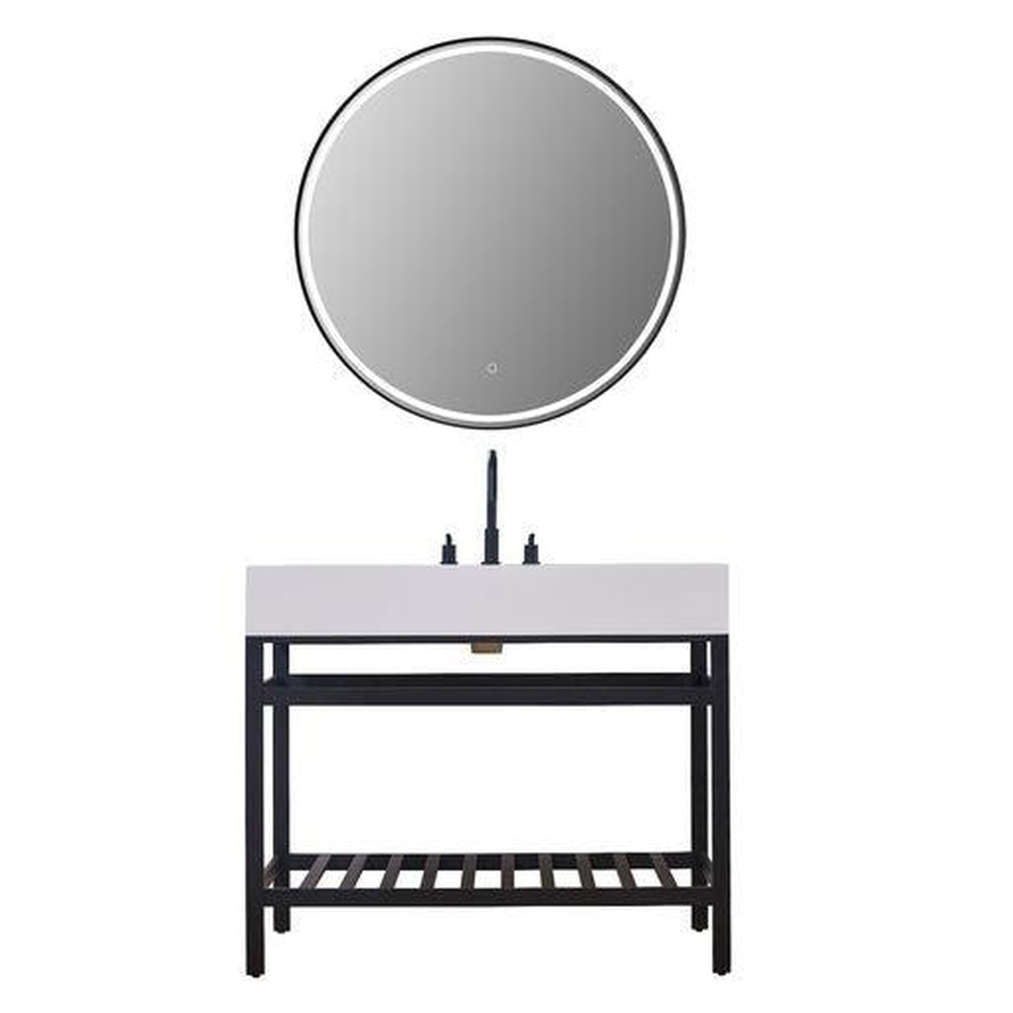 Altair, Altair Edolo 42" Matte Black Single Stainless Steel Bathroom Vanity Set Console With Mirror, Snow White Stone Top, Single Rectangular Undermount Ceramic Sink, and Safety Overflow Hole