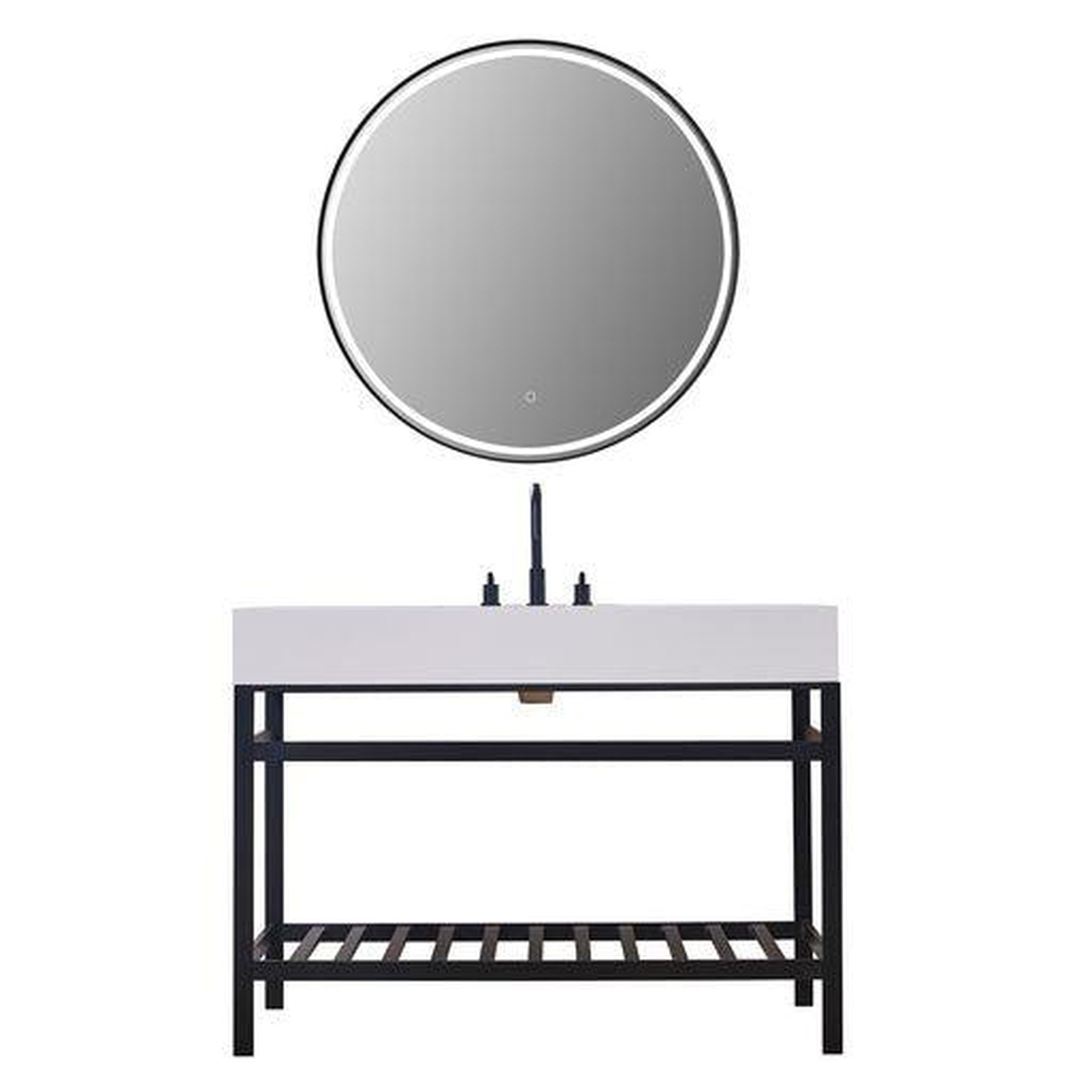 Altair, Altair Edolo 48" Matte Black Single Stainless Steel Bathroom Vanity Set Console With Mirror, Snow White Stone Top, Single Rectangular Undermount Ceramic Sink, and Safety Overflow Hole