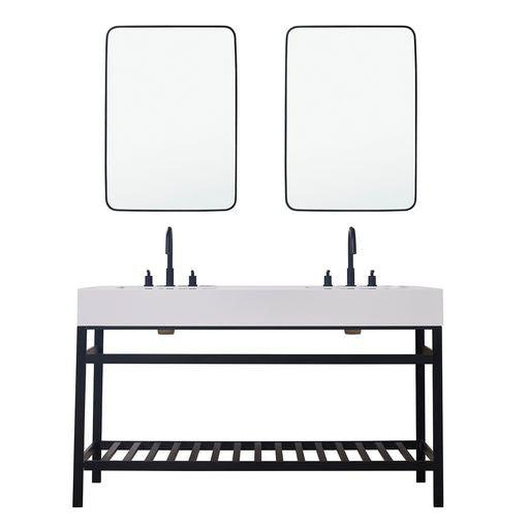 Altair, Altair Edolo 60" Matte Black Double Stainless Steel Bathroom Vanity Set Console With Mirror, Snow White Stone Top, Two Rectangular Undermount Ceramic Sinks, and Safety Overflow Hole