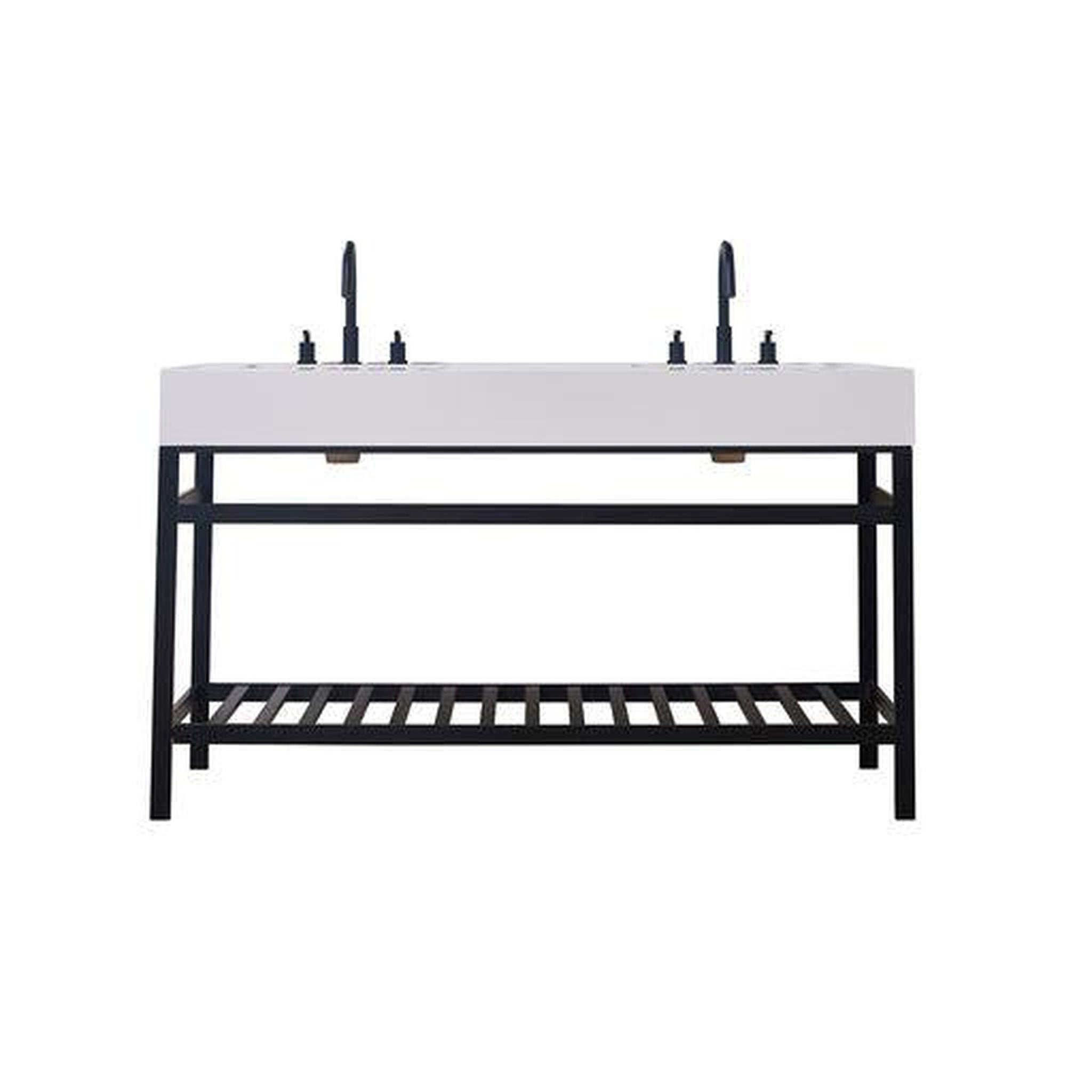 Altair, Altair Edolo 60" Matte Black Double Stainless Steel Bathroom Vanity Set Console With Snow White Stone Top, Two Rectangular Undermount Ceramic Sinks, and Safety Overflow Hole