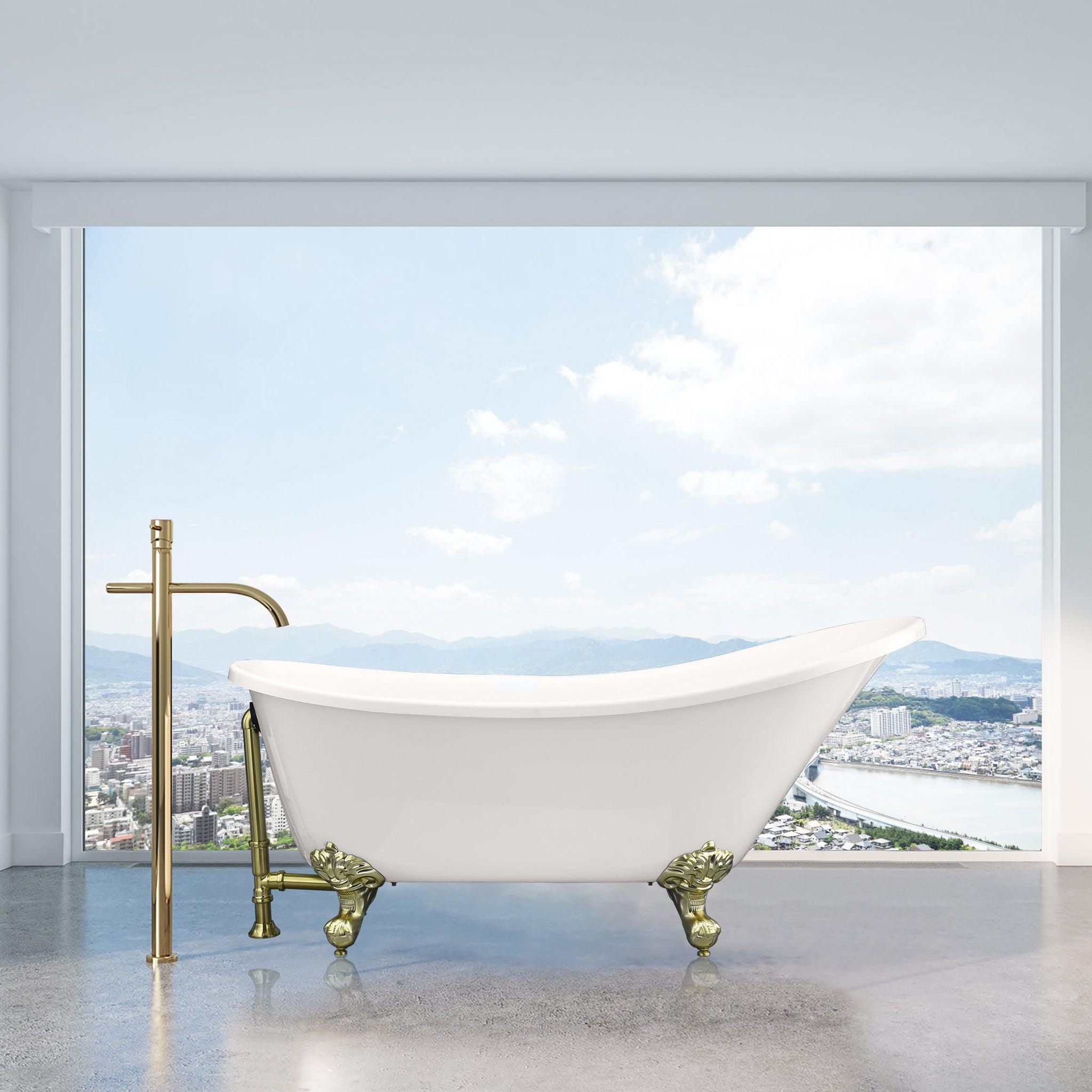 Altair, Altair Fandi 64" x 28" White Acrylic Clawfoot Bathtub With Brushed Brass Drain and Overflow