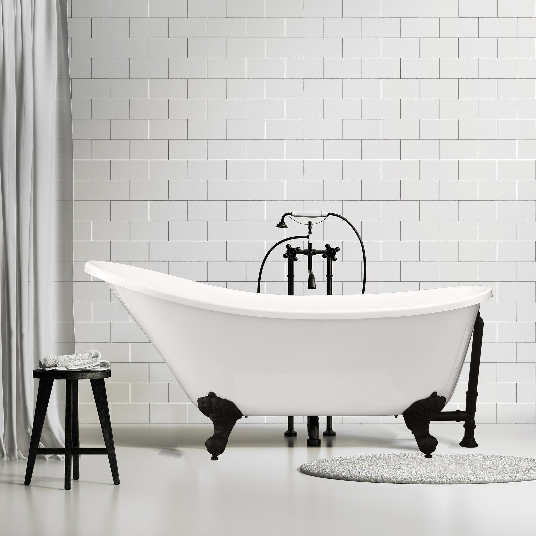 Altair, Altair Fandi 64" x 28" White Acrylic Clawfoot Bathtub With Matte Black Drain and Overflow