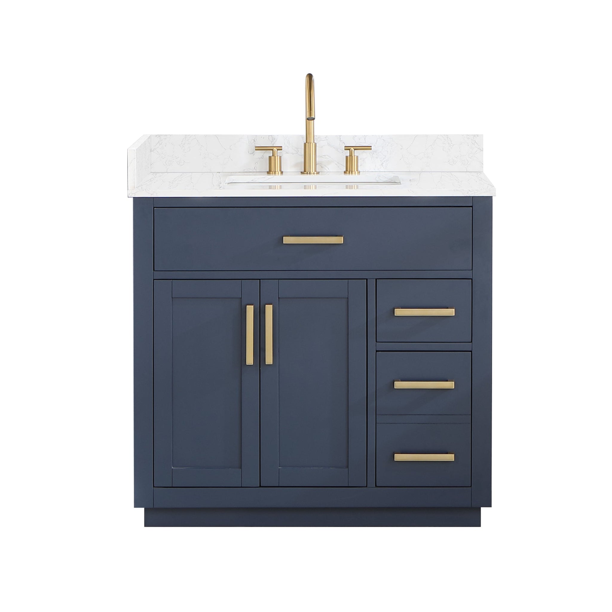 Altair, Altair Gavino 36" Royal Blue Freestanding Single Bathroom Vanity Set With Grain White Composite Stone Top, Single Rectangular Undermount Ceramic Sink, Overflow, Sidesplash, and Backsplash