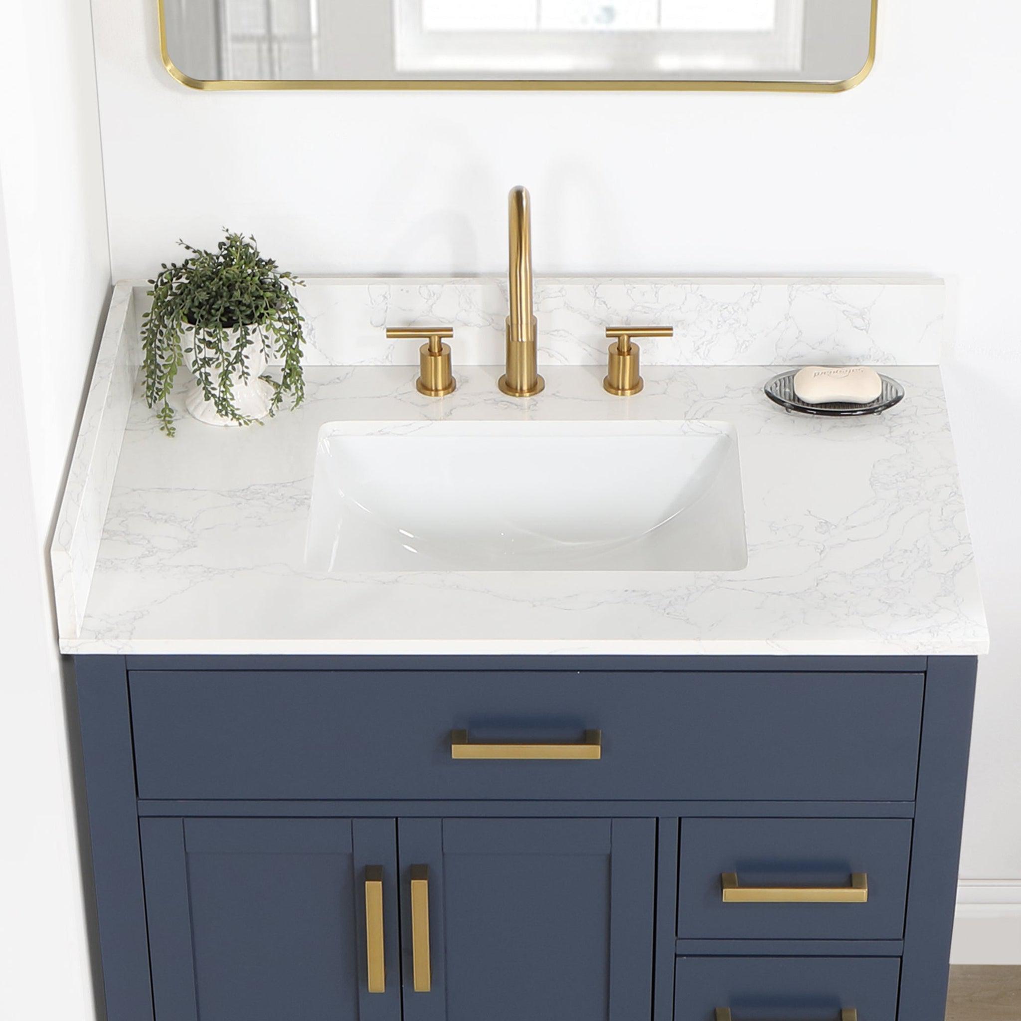 Altair, Altair Gavino 36" Royal Blue Freestanding Single Bathroom Vanity Set With Mirror, Grain White Composite Stone Top, Single Rectangular Undermount Ceramic Sink, Overflow, Sidesplash, and Backsplash