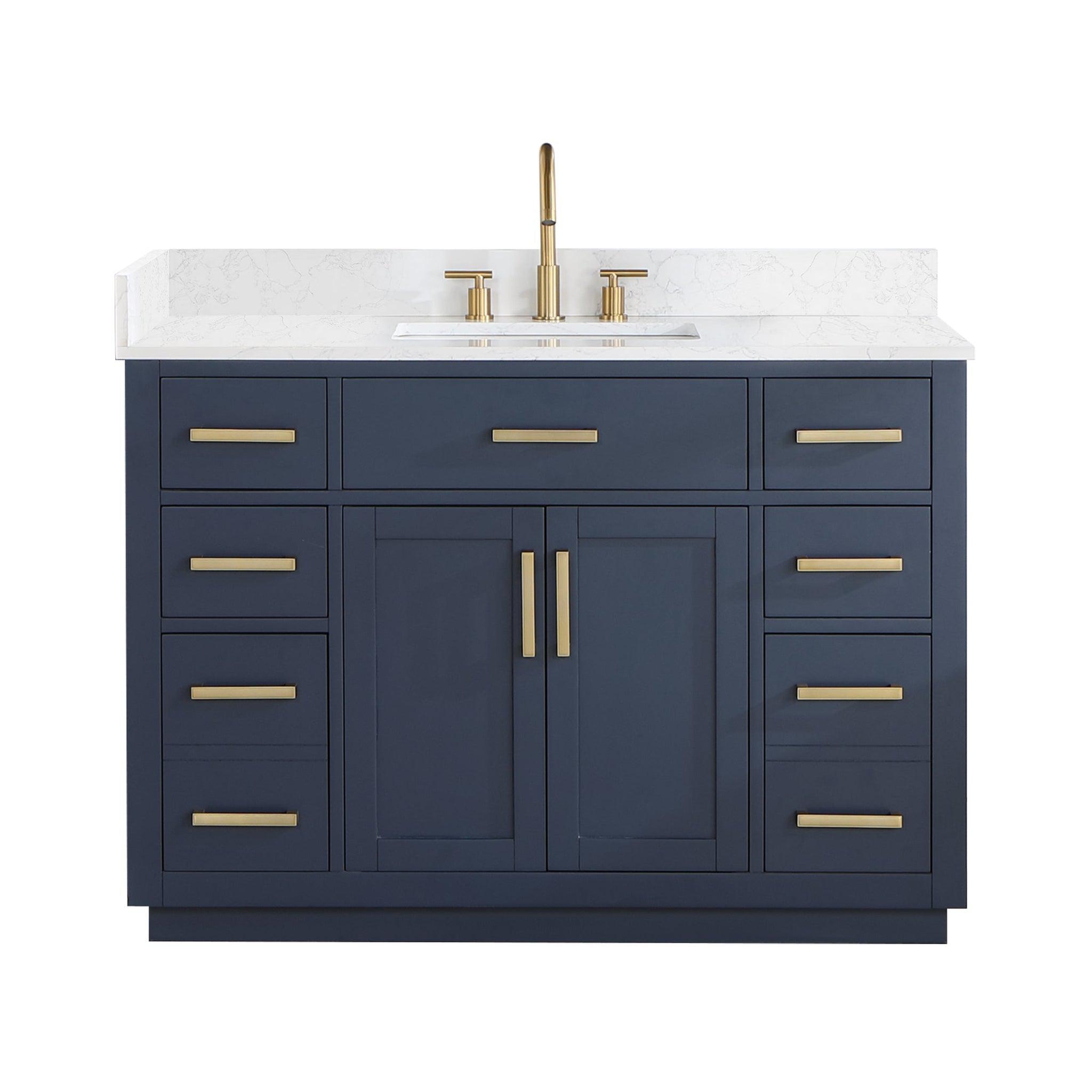 Altair, Altair Gavino 48" Royal Blue Freestanding Single Bathroom Vanity Set With Grain White Composite Stone Top, Single Rectangular Undermount Ceramic Sink, Overflow, Sidesplash, and Backsplash