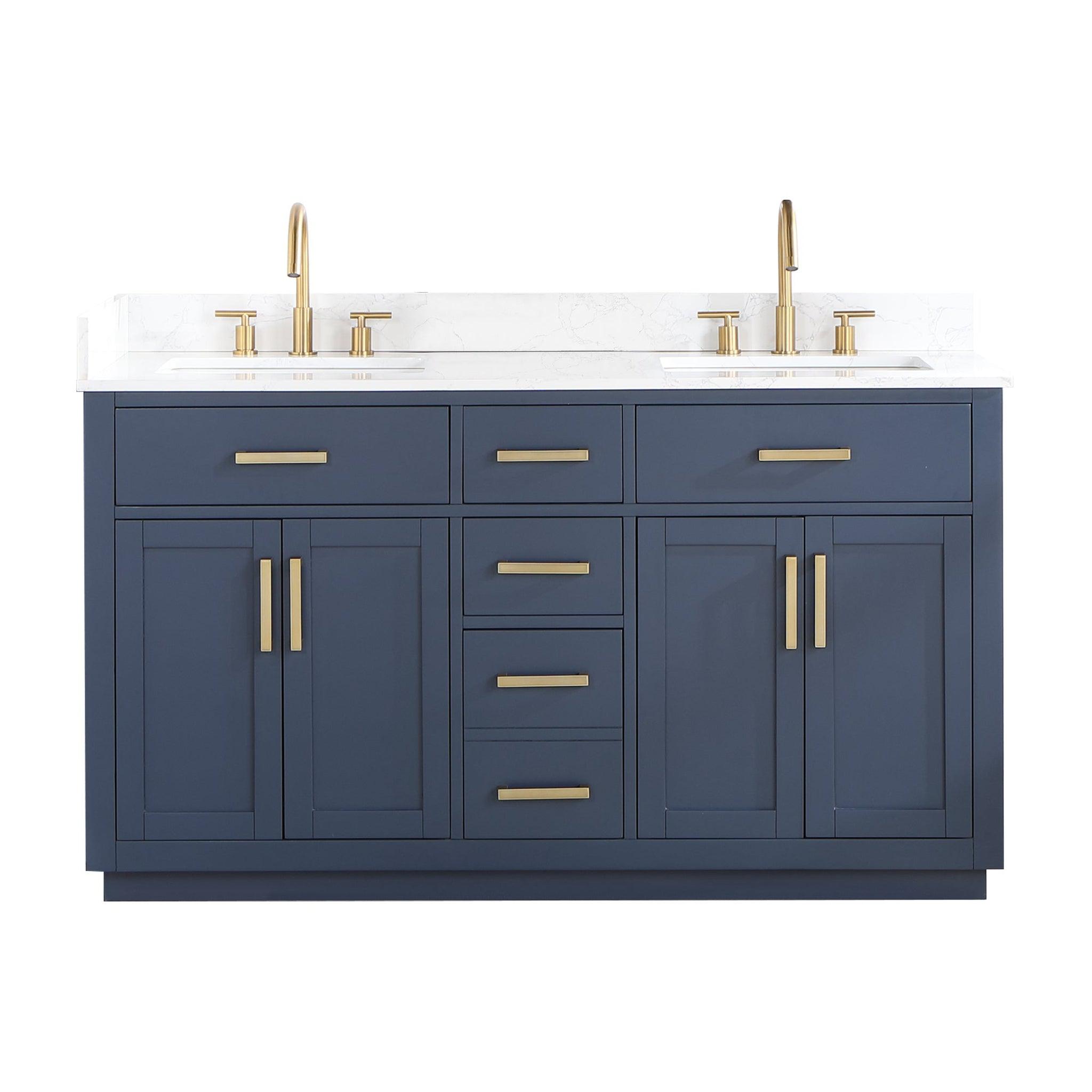 Altair, Altair Gavino 60" Royal Blue Freestanding Double Bathroom Vanity Set With Grain White Composite Stone Top, Single Rectangular Undermount Ceramic Sink, Overflow, Sidesplash, and Backsplash