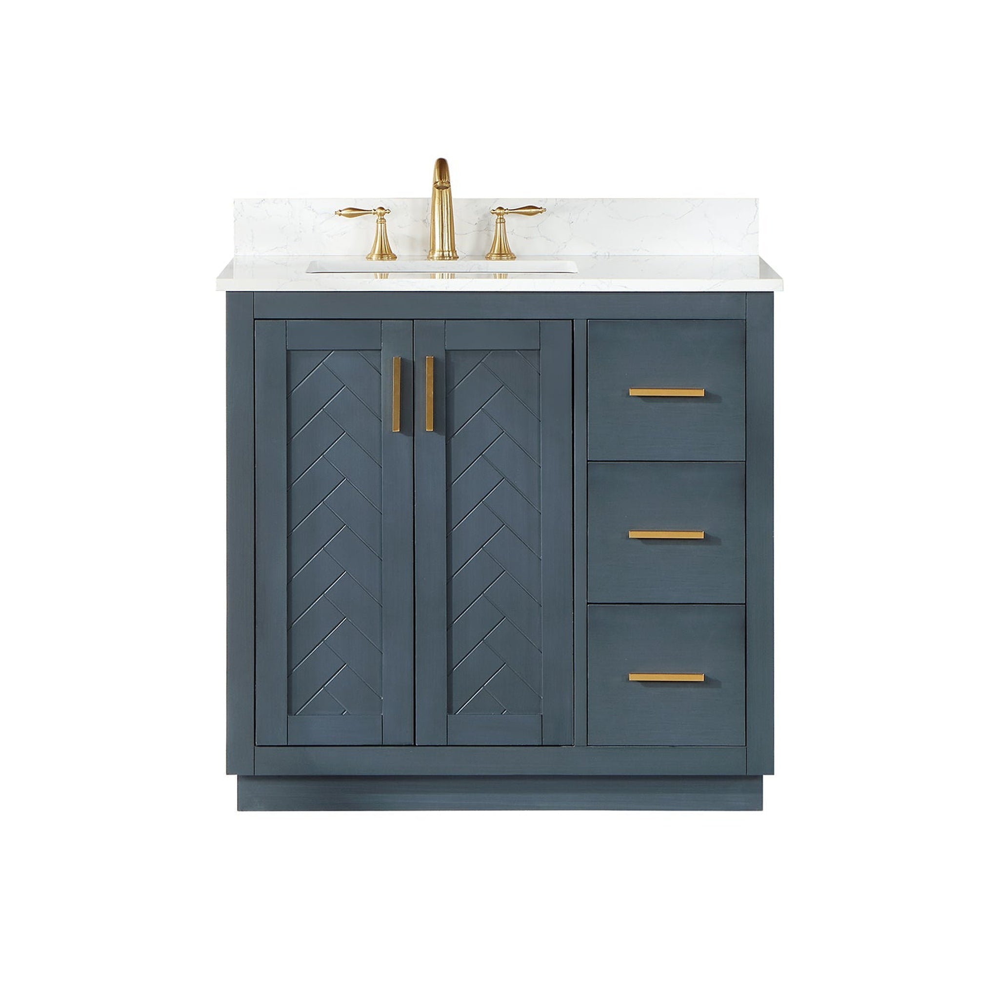 Altair, Altair Gazsi 36" Classic Blue Freestanding Single Bathroom Vanity Set With Elegant Composite Grain White Stone Top, Rectangular Undermount Ceramic Sink, Overflow, and Backsplash