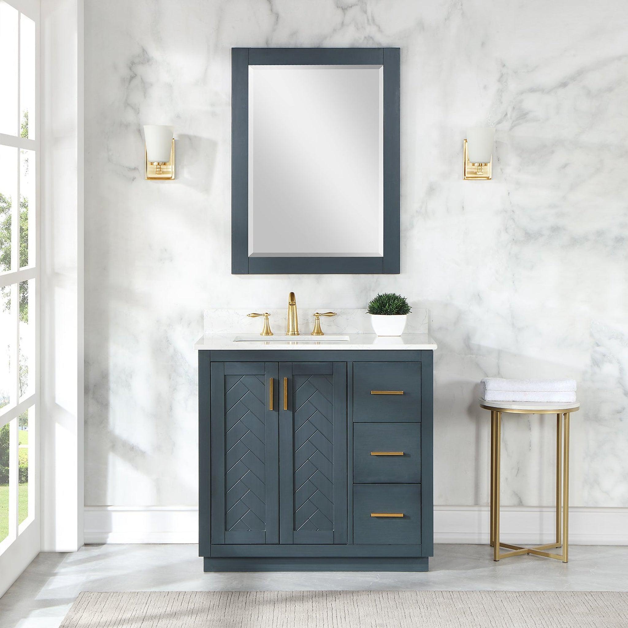 Altair, Altair Gazsi 36" Classic Blue Freestanding Single Bathroom Vanity Set With Mirror, Elegant Composite Grain White Stone Top, Rectangular Undermount Ceramic Sink, Overflow, and Backsplash