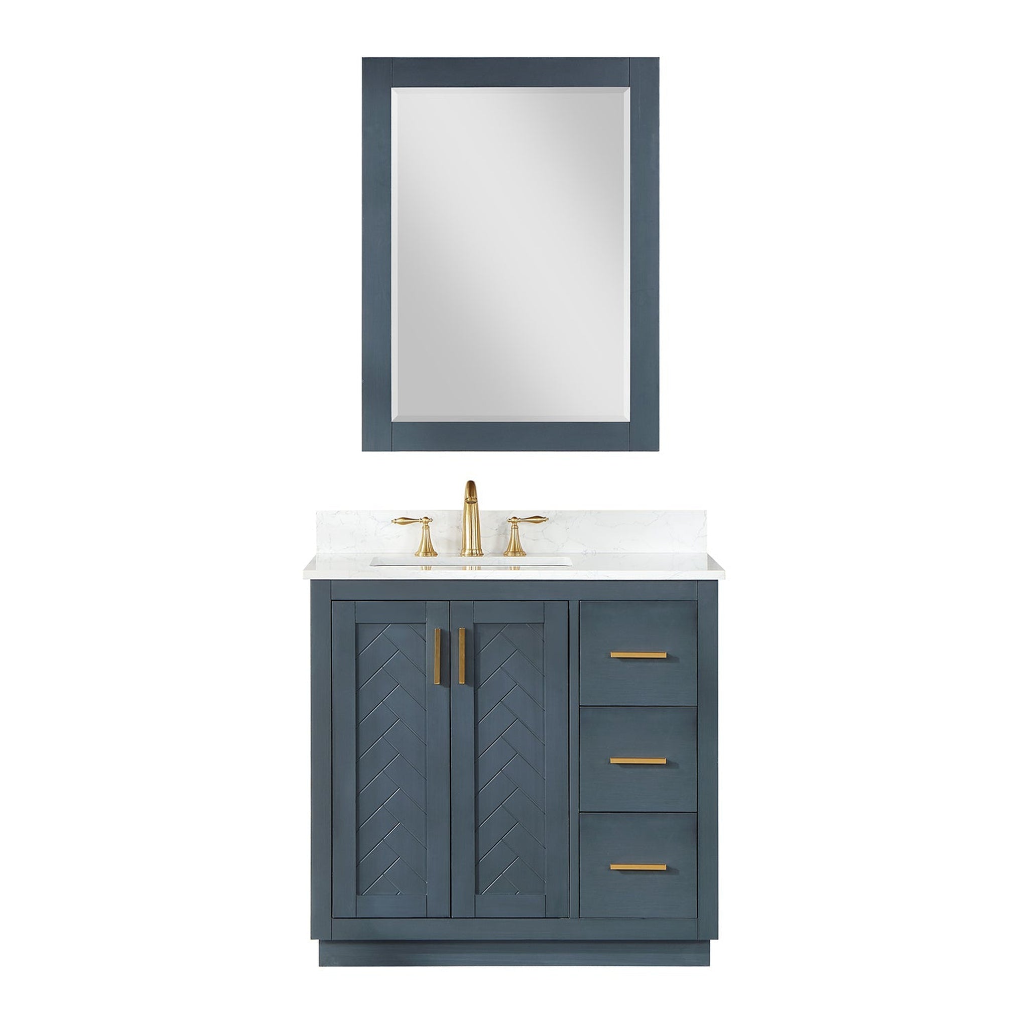 Altair, Altair Gazsi 36" Classic Blue Freestanding Single Bathroom Vanity Set With Mirror, Elegant Composite Grain White Stone Top, Rectangular Undermount Ceramic Sink, Overflow, and Backsplash