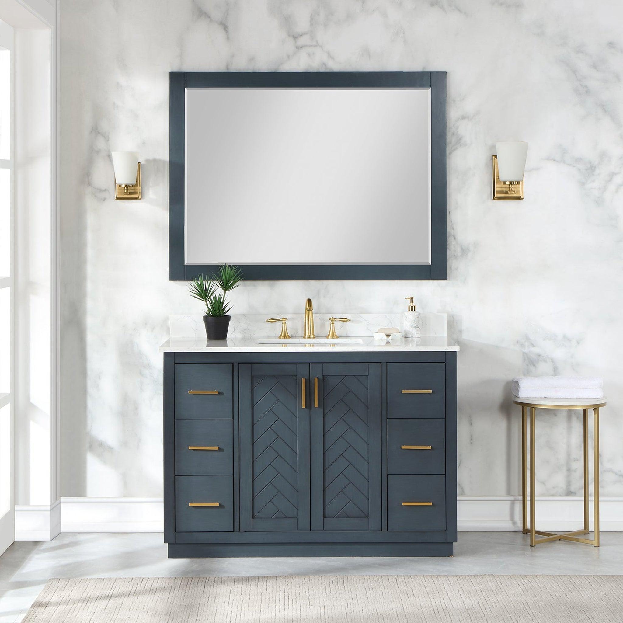 Altair, Altair Gazsi 48" Classic Blue Freestanding Single Bathroom Vanity Set With Mirror, Elegant Composite Grain White Stone Top, Rectangular Undermount Ceramic Sink, Overflow, and Backsplash