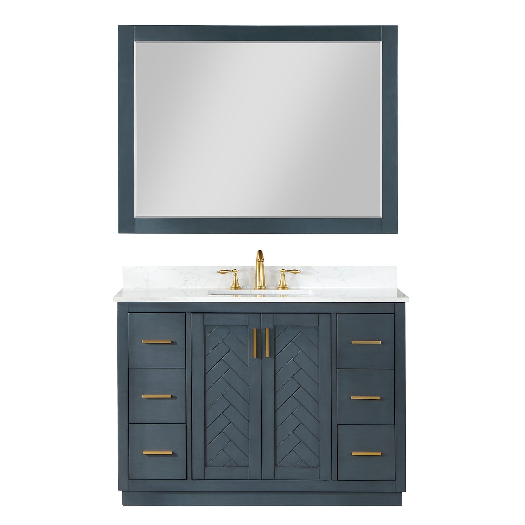 Altair, Altair Gazsi 48" Classic Blue Freestanding Single Bathroom Vanity Set With Mirror, Elegant Composite Grain White Stone Top, Rectangular Undermount Ceramic Sink, Overflow, and Backsplash