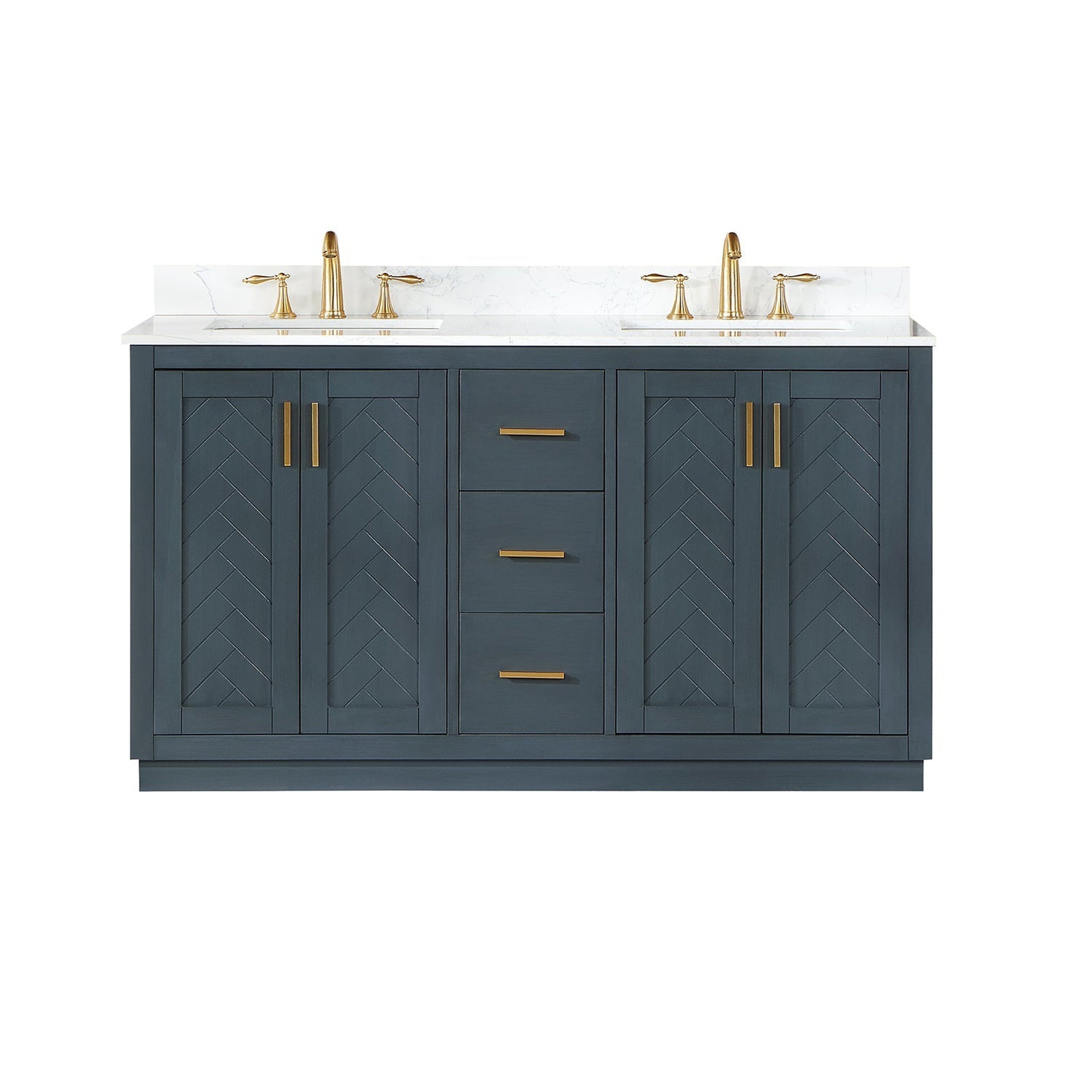 Altair, Altair Gazsi 60" Classic Blue Freestanding Double Bathroom Vanity Set With Elegant Composite Grain White Stone Top, Two Rectangular Undermount Ceramic Sinks, Overflow, and Backsplash