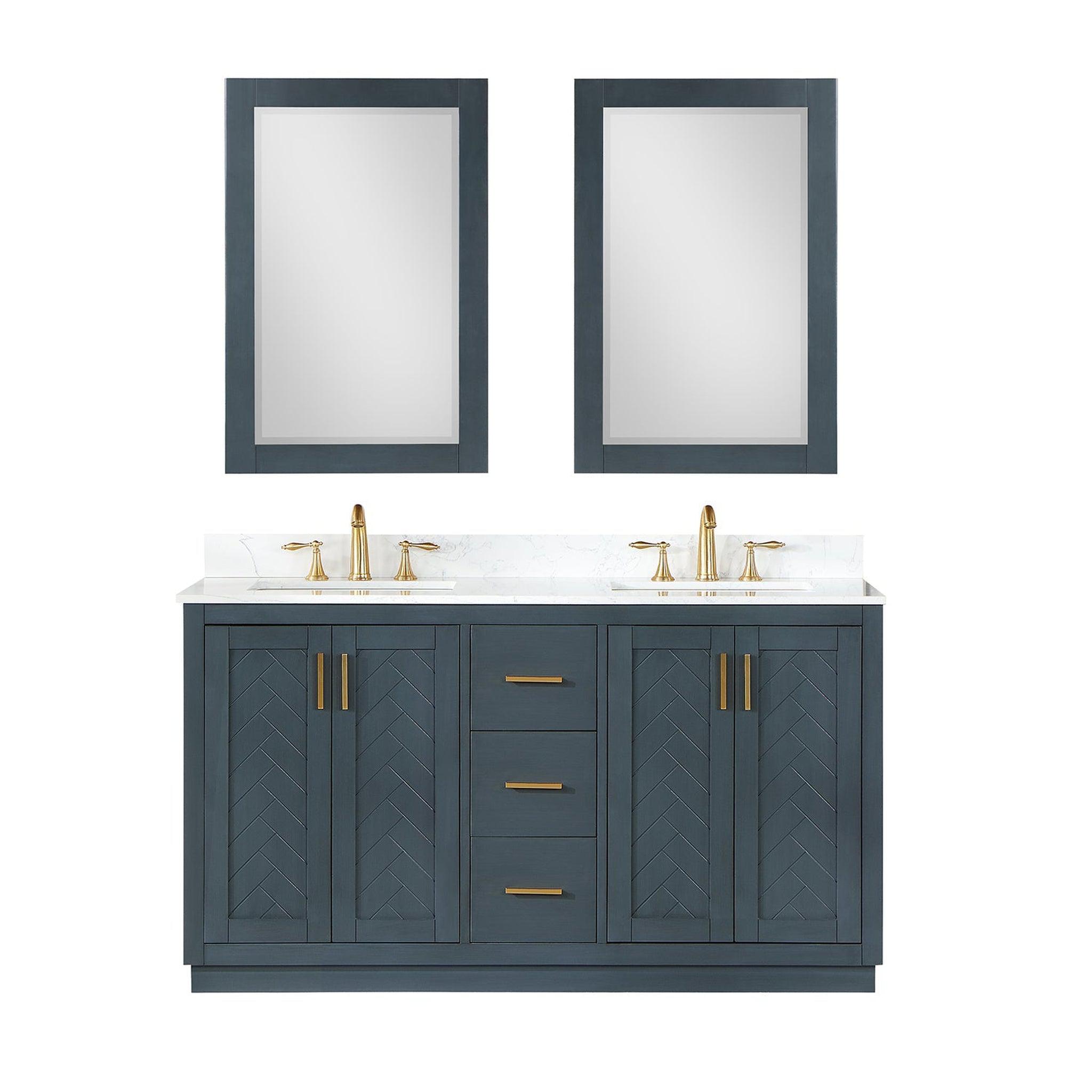 Altair, Altair Gazsi 60" Classic Blue Freestanding Double Bathroom Vanity Set With Mirror, Elegant Composite Grain White Stone Top, Two Rectangular Undermount Ceramic Sinks, Overflow, and Backsplash