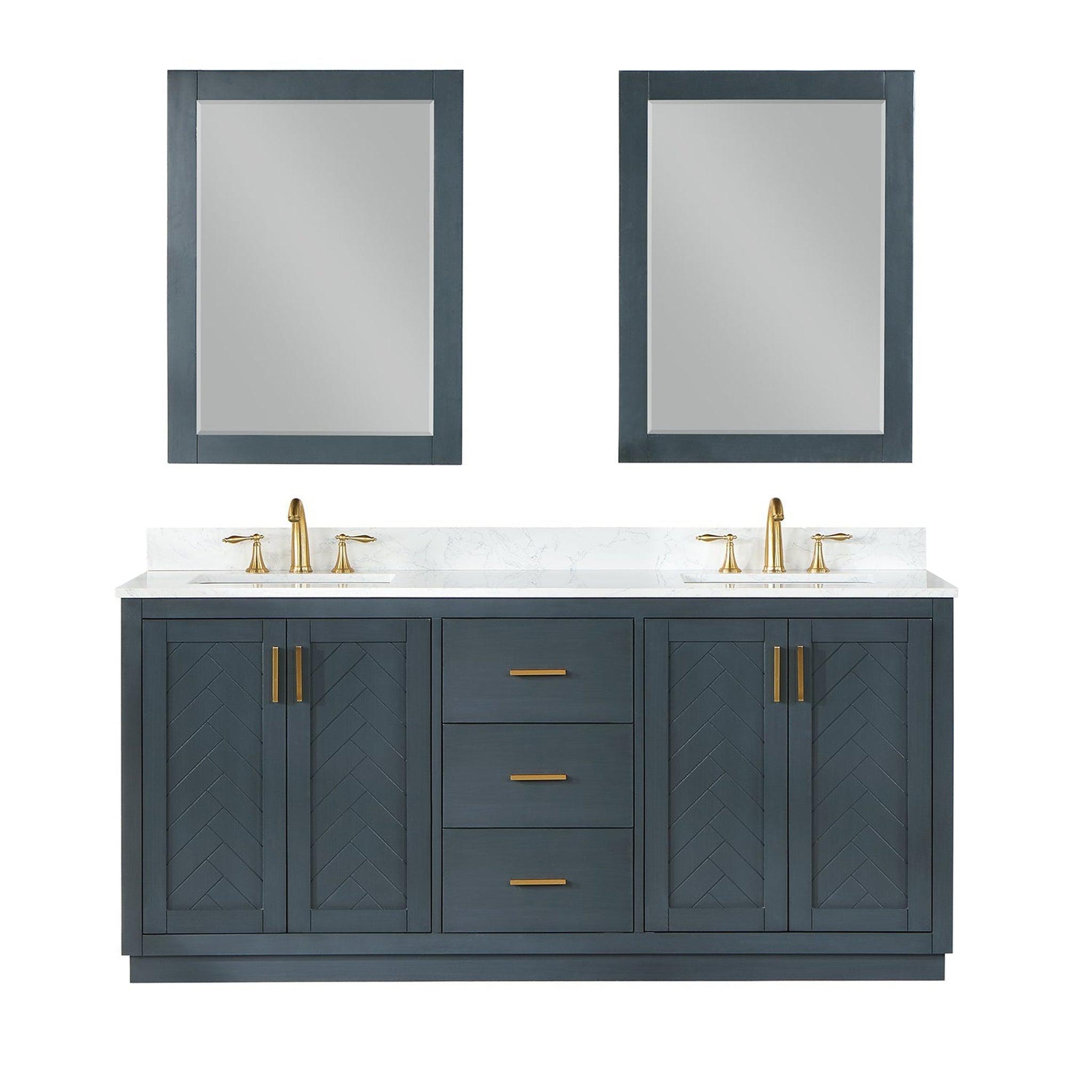 Altair, Altair Gazsi 72" Classic Blue Freestanding Double Bathroom Vanity Set With Mirror, Elegant Composite Grain White Stone Top, Two Rectangular Undermount Ceramic Sinks, Overflow, and Backsplash