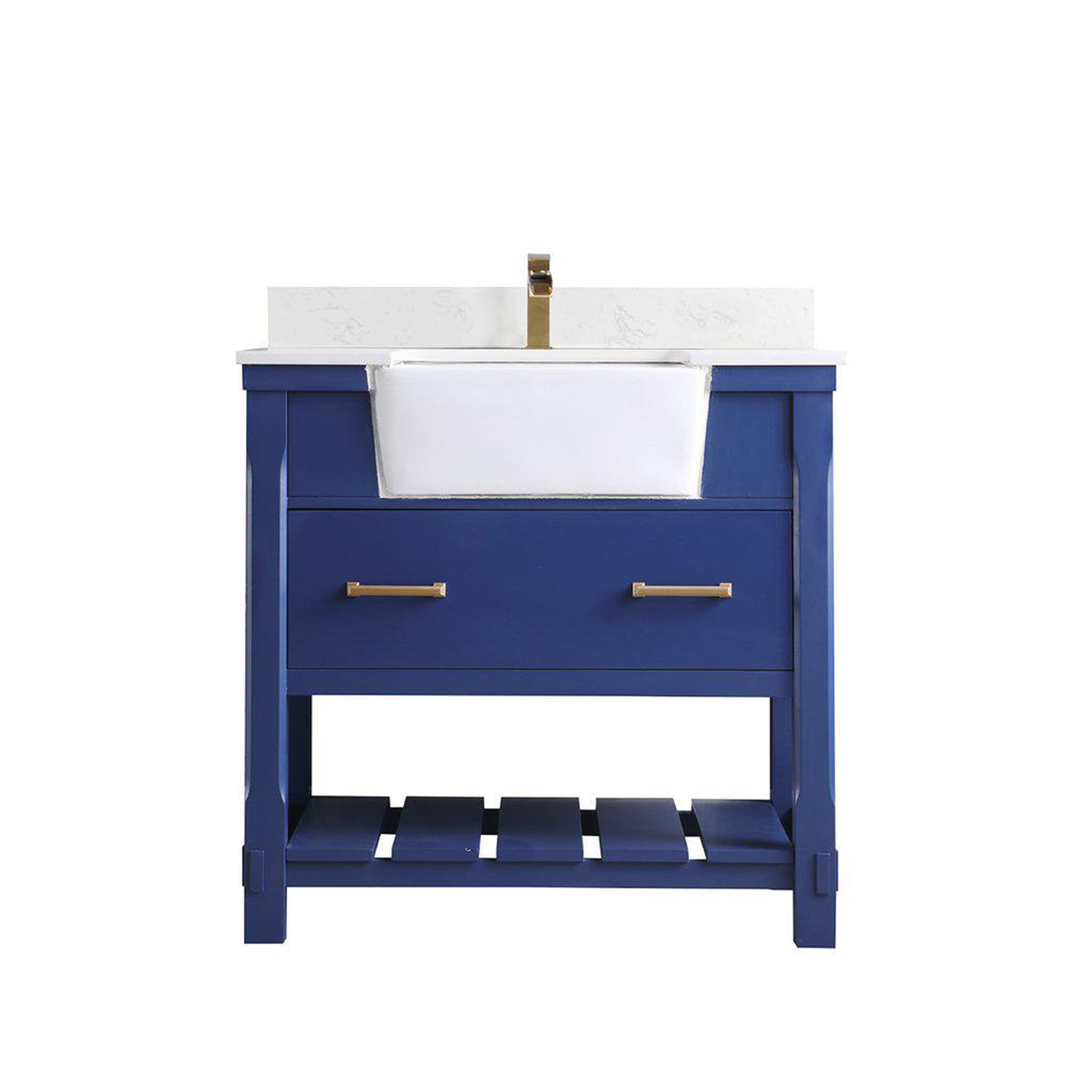 Altair, Altair Georgia 36" Single Jewelry Blue Freestanding Bathroom Vanity Set With Aosta White Composite Stone Top, Rectangular Farmhouse Sink, Overflow, and Backsplash