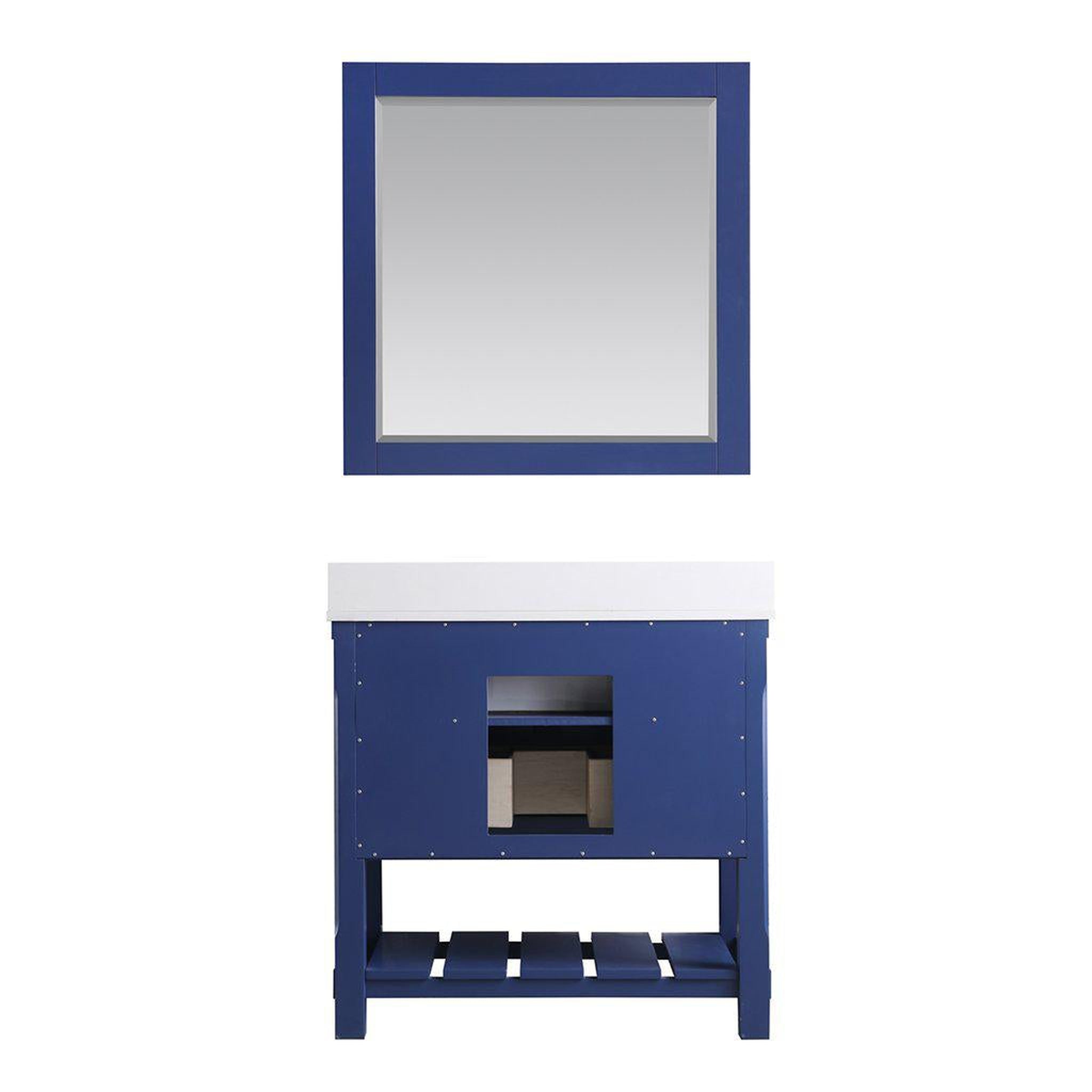 Altair, Altair Georgia 36" Single Jewelry Blue Freestanding Bathroom Vanity Set With Mirror, Aosta White Composite Stone Top, Rectangular Farmhouse Sink, Overflow, and Backsplash