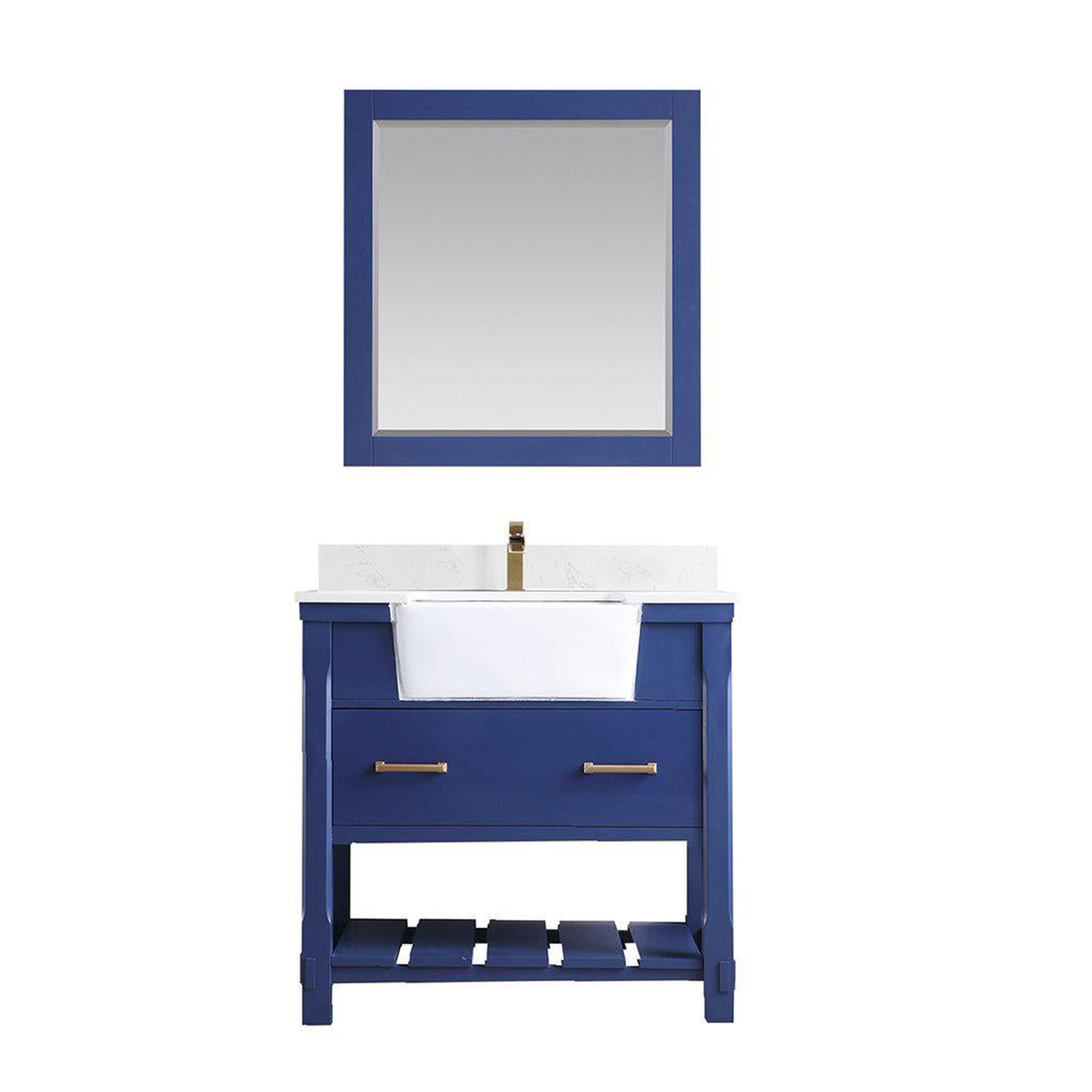 Altair, Altair Georgia 36" Single Jewelry Blue Freestanding Bathroom Vanity Set With Mirror, Aosta White Composite Stone Top, Rectangular Farmhouse Sink, Overflow, and Backsplash