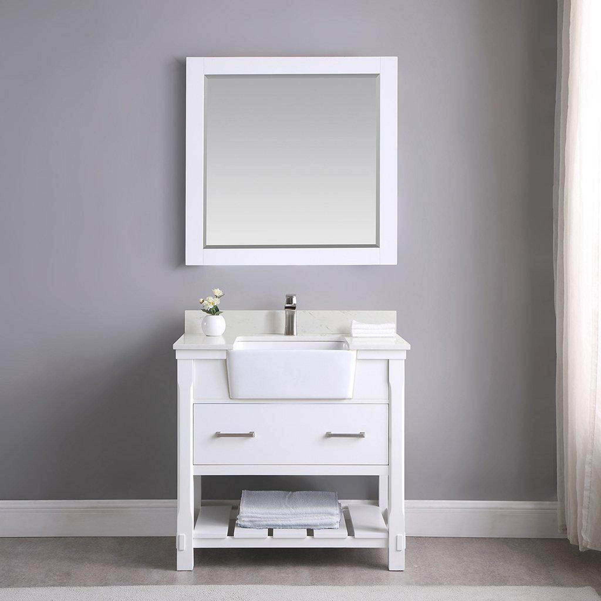 Altair, Altair Georgia 36" Single White Freestanding Bathroom Vanity Set With Mirror, Aosta White Composite Stone Top, Rectangular Farmhouse Sink, Overflow, and Backsplash