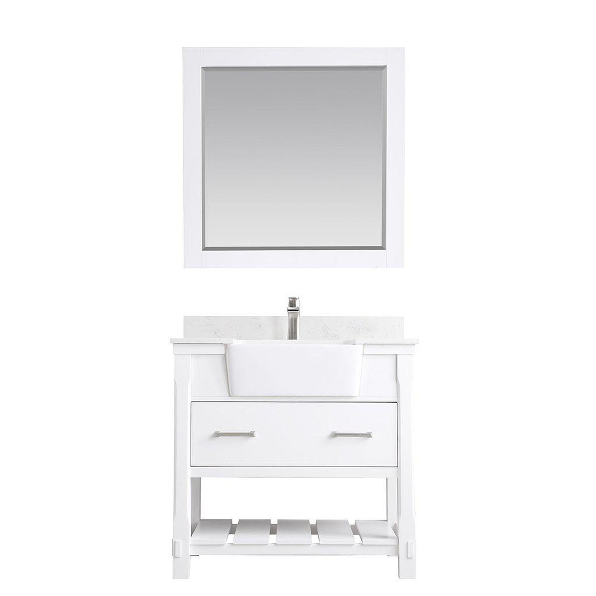 Altair, Altair Georgia 36" Single White Freestanding Bathroom Vanity Set With Mirror, Aosta White Composite Stone Top, Rectangular Farmhouse Sink, Overflow, and Backsplash