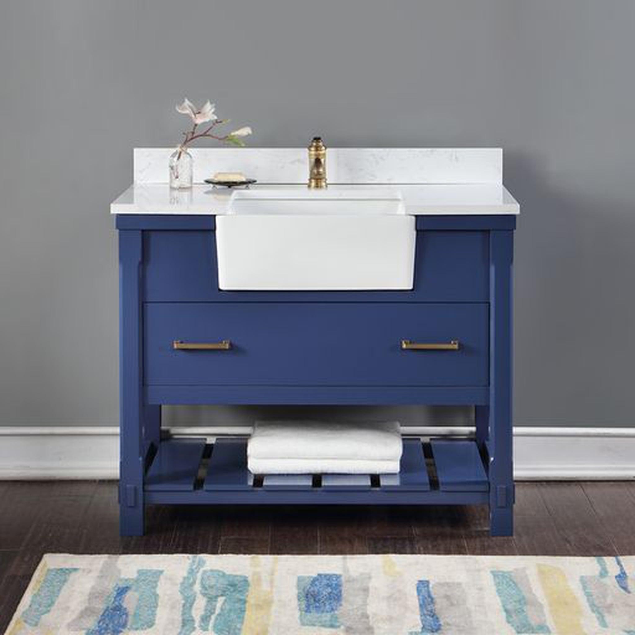 Altair, Altair Georgia 42" Single Jewelry Blue Freestanding Bathroom Vanity Set With Aosta White Composite Stone Top, Rectangular Farmhouse Sink, and Backsplash