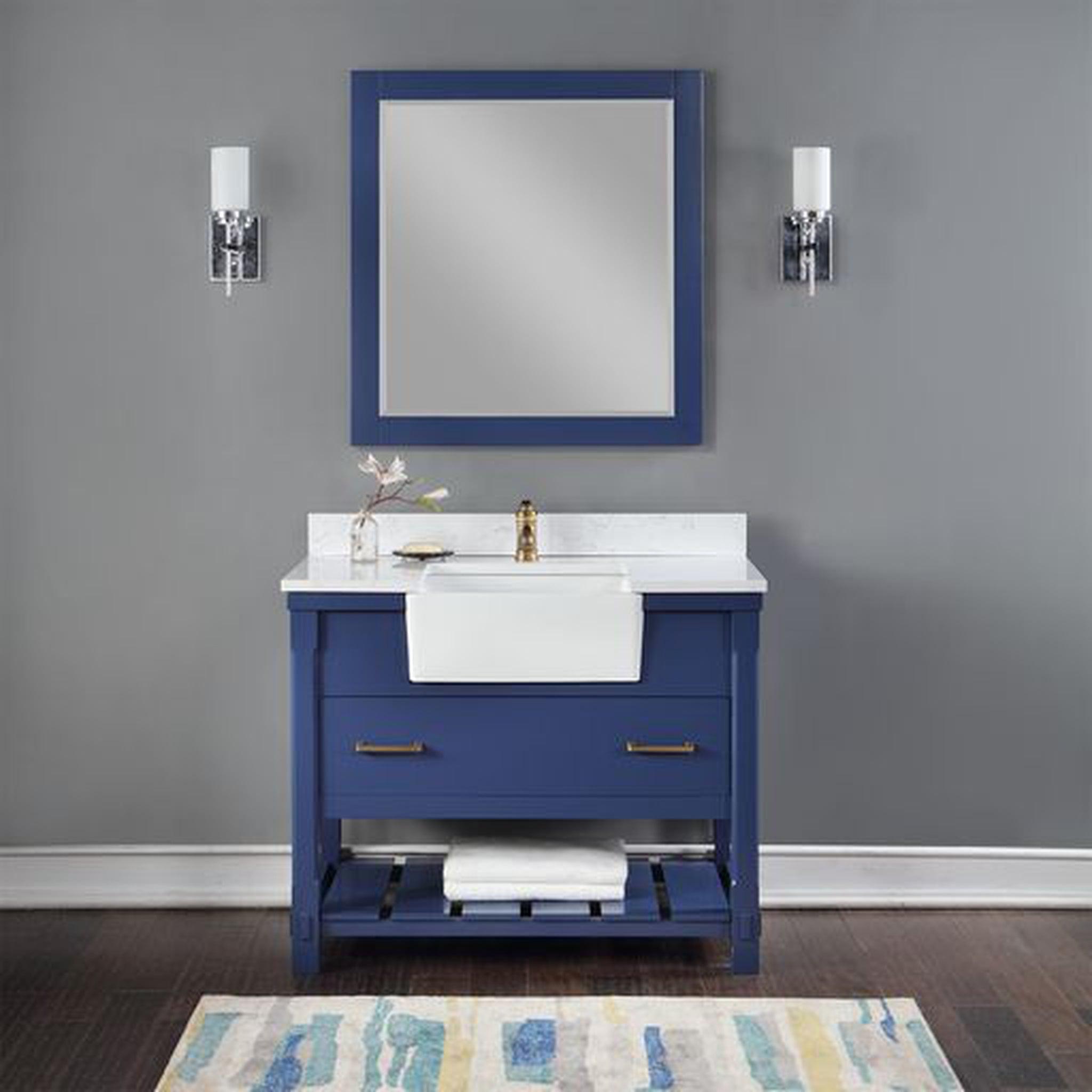 Altair, Altair Georgia 42" Single Jewelry Blue Freestanding Bathroom Vanity Set With Mirror, Aosta White Composite Stone Top, Rectangular Farmhouse Sink, and Backsplash