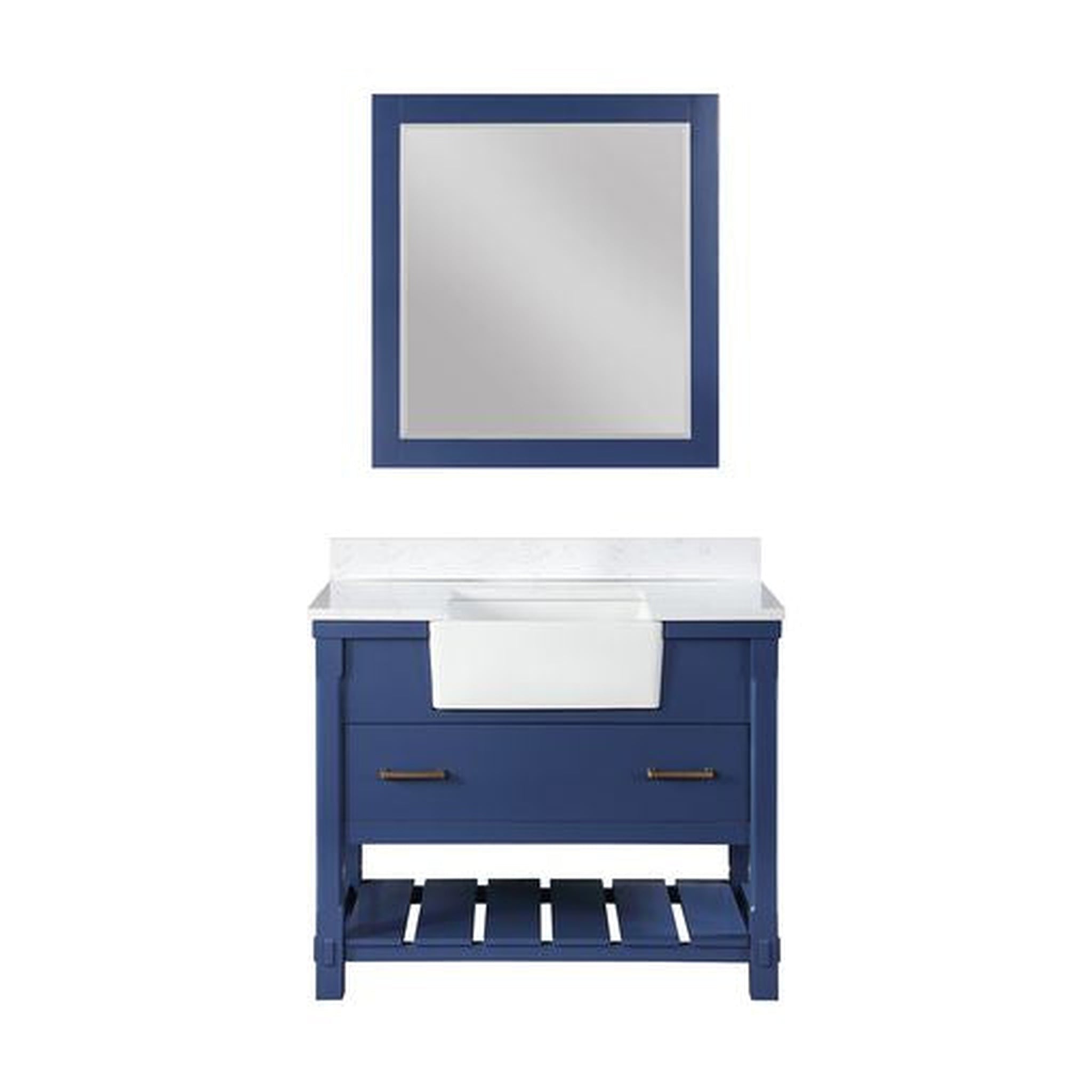 Altair, Altair Georgia 42" Single Jewelry Blue Freestanding Bathroom Vanity Set With Mirror, Aosta White Composite Stone Top, Rectangular Farmhouse Sink, and Backsplash