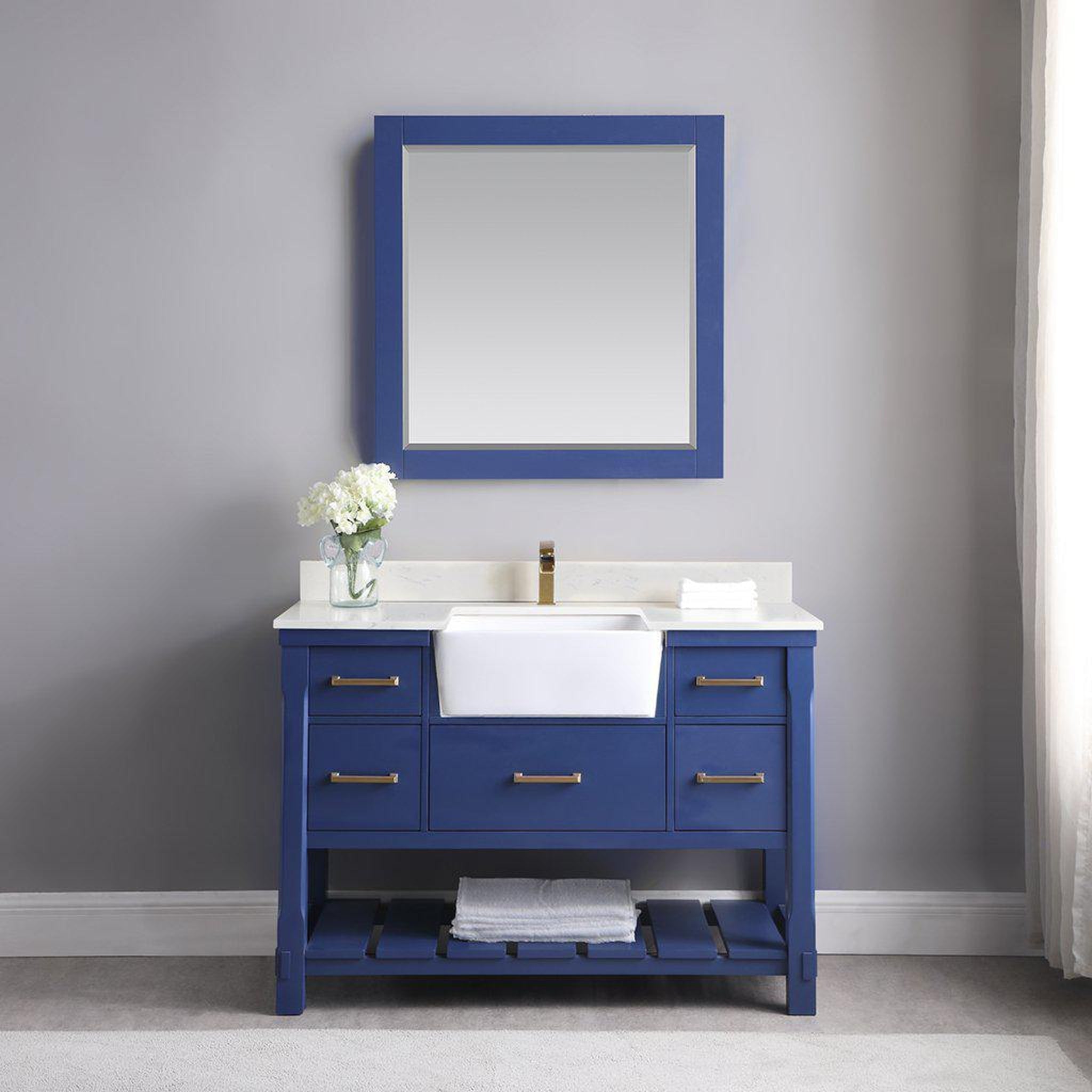 Altair, Altair Georgia 48" Single Jewelry Blue Freestanding Bathroom Vanity Set With Mirror, Aosta White Composite Stone Top, Rectangular Farmhouse Sink, Overflow, and Backsplash