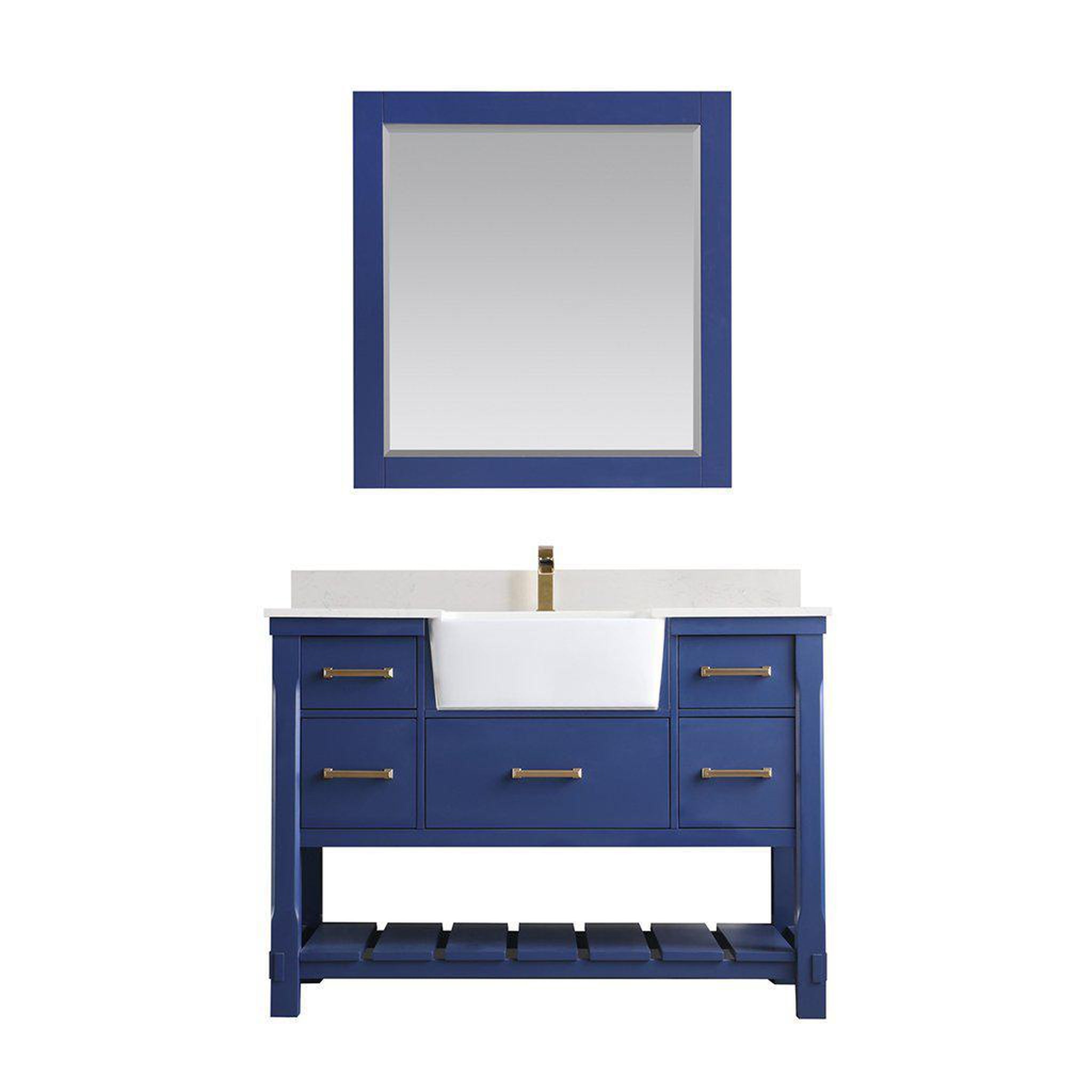 Altair, Altair Georgia 48" Single Jewelry Blue Freestanding Bathroom Vanity Set With Mirror, Aosta White Composite Stone Top, Rectangular Farmhouse Sink, Overflow, and Backsplash