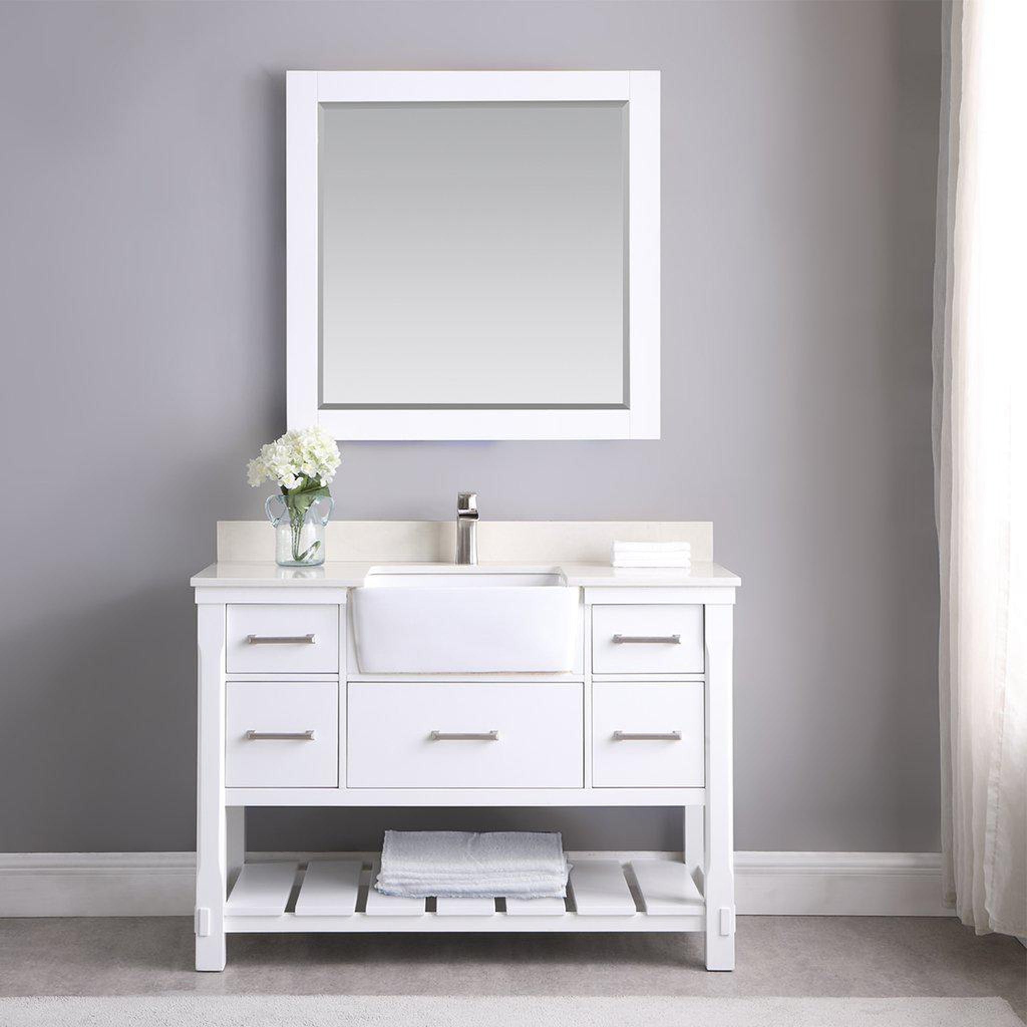 Altair, Altair Georgia 48" Single White Freestanding Bathroom Vanity Set With Mirror, Aosta White Composite Stone Top, Rectangular Farmhouse Sink, Overflow, and Backsplash