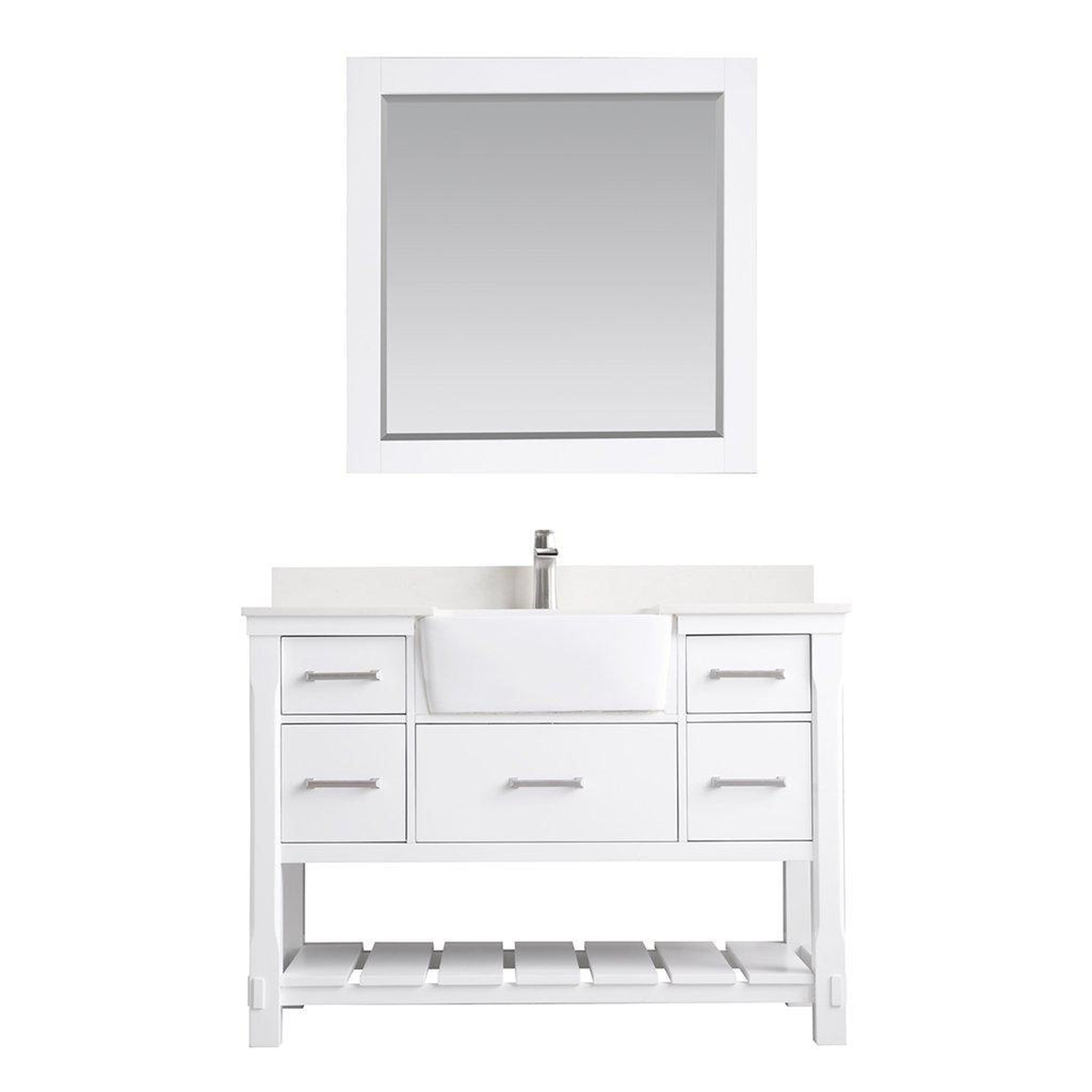 Altair, Altair Georgia 48" Single White Freestanding Bathroom Vanity Set With Mirror, Aosta White Composite Stone Top, Rectangular Farmhouse Sink, Overflow, and Backsplash