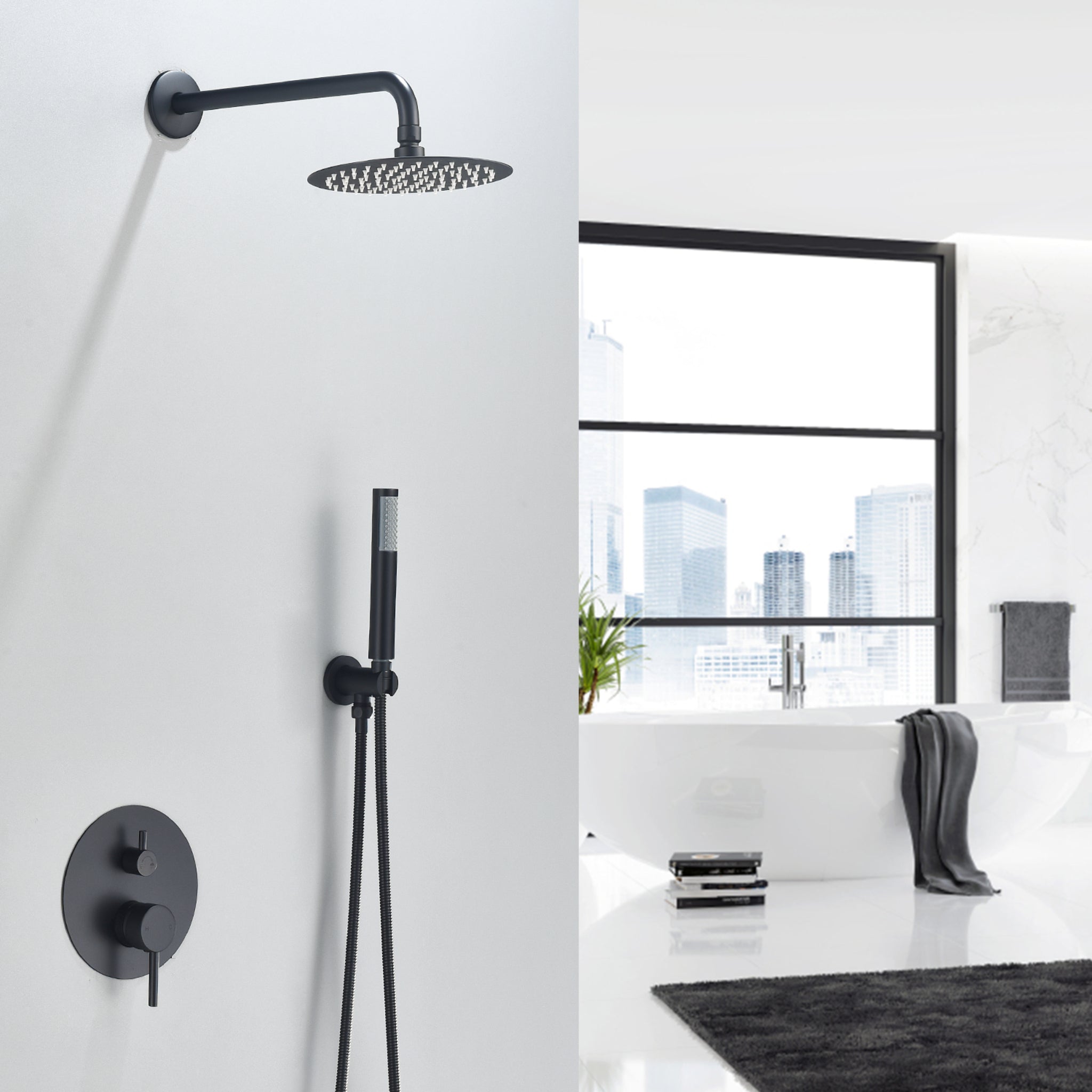 Altair, Altair Herne Matte Black Complete Shower System With 8" Round Rain Shower Head and Rough-In Valve