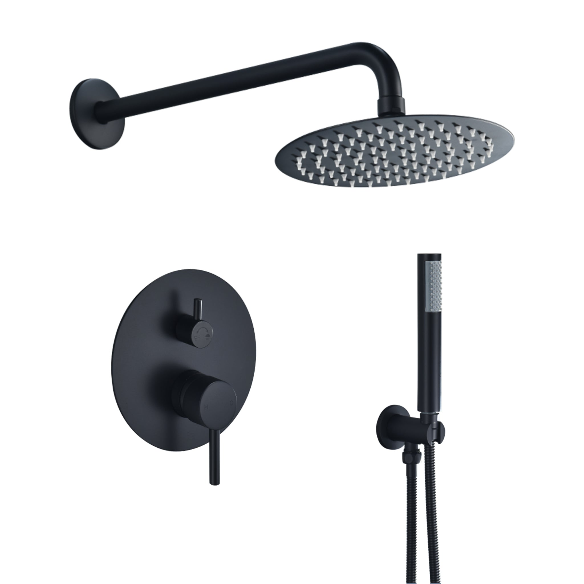 Altair, Altair Herne Matte Black Complete Shower System With 8" Round Rain Shower Head and Rough-In Valve